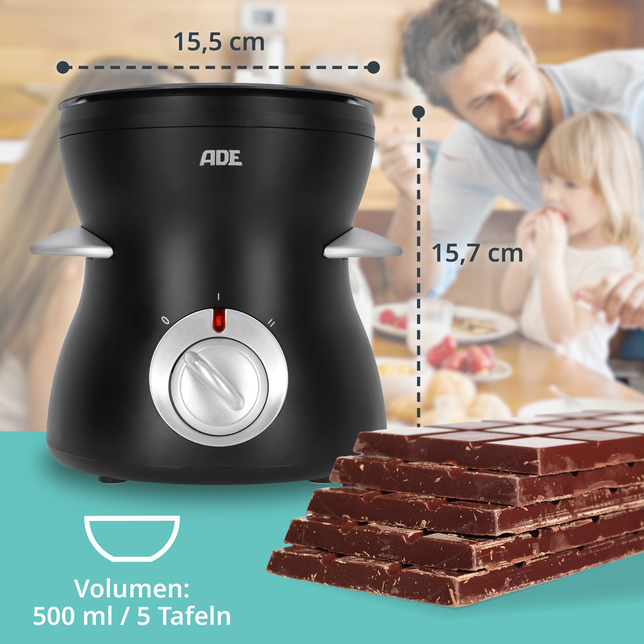 ADE Elektro-Fondue Elektrisches Schokofondue mit 2 Temperaturstufen, 0,25 l, inkl. Gabeln, herausnehmbare Schüssel, zum Schmelzen und Warmhalten – Bild 3 von 5