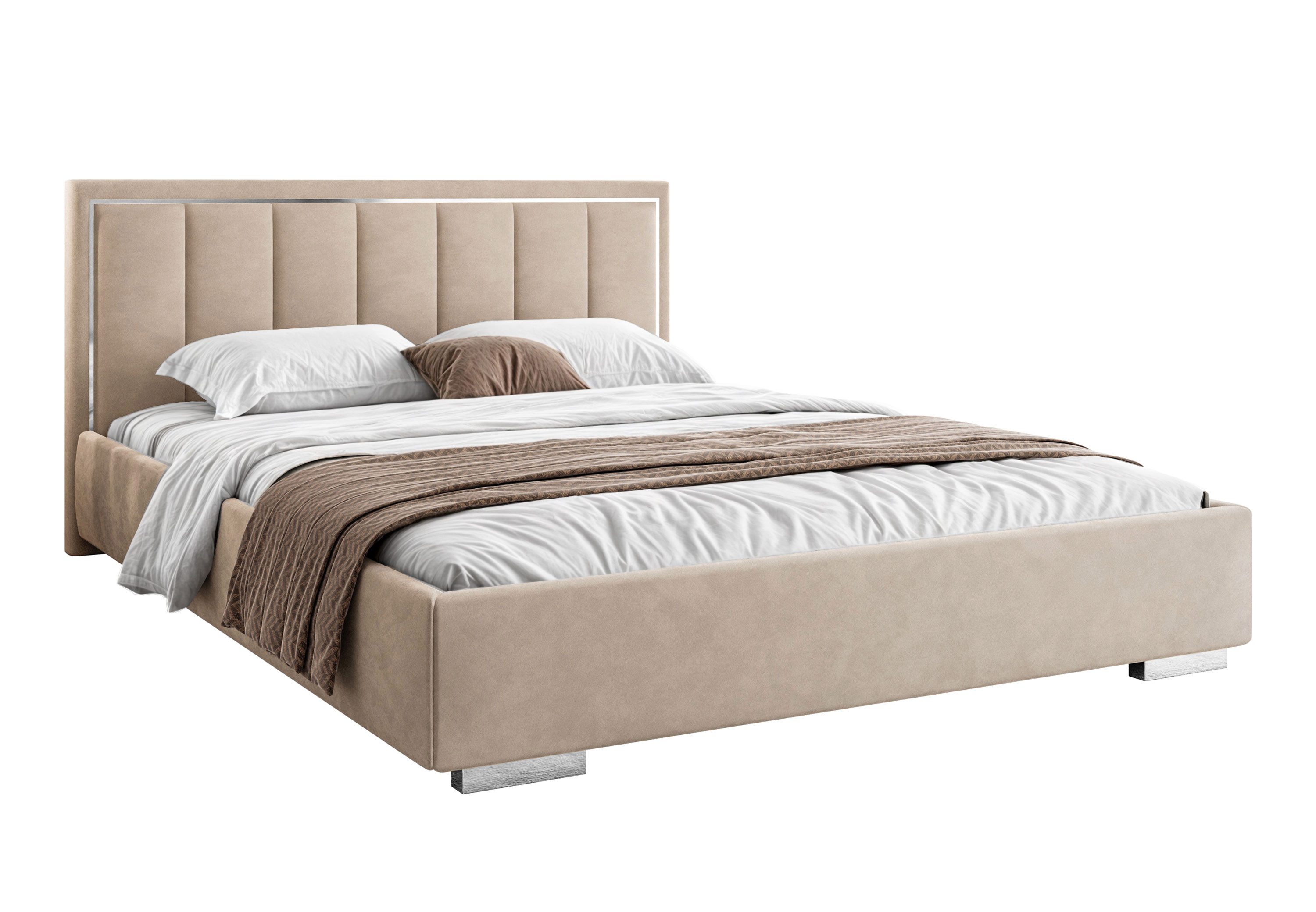 Lookway Polsterbett AURELIA SILVER mit Bettkasten, Metallrahmen und 123 cm hohem Kopfteil (Bett mit Metallgestell), Bett in 4 Größen und 5 Farben