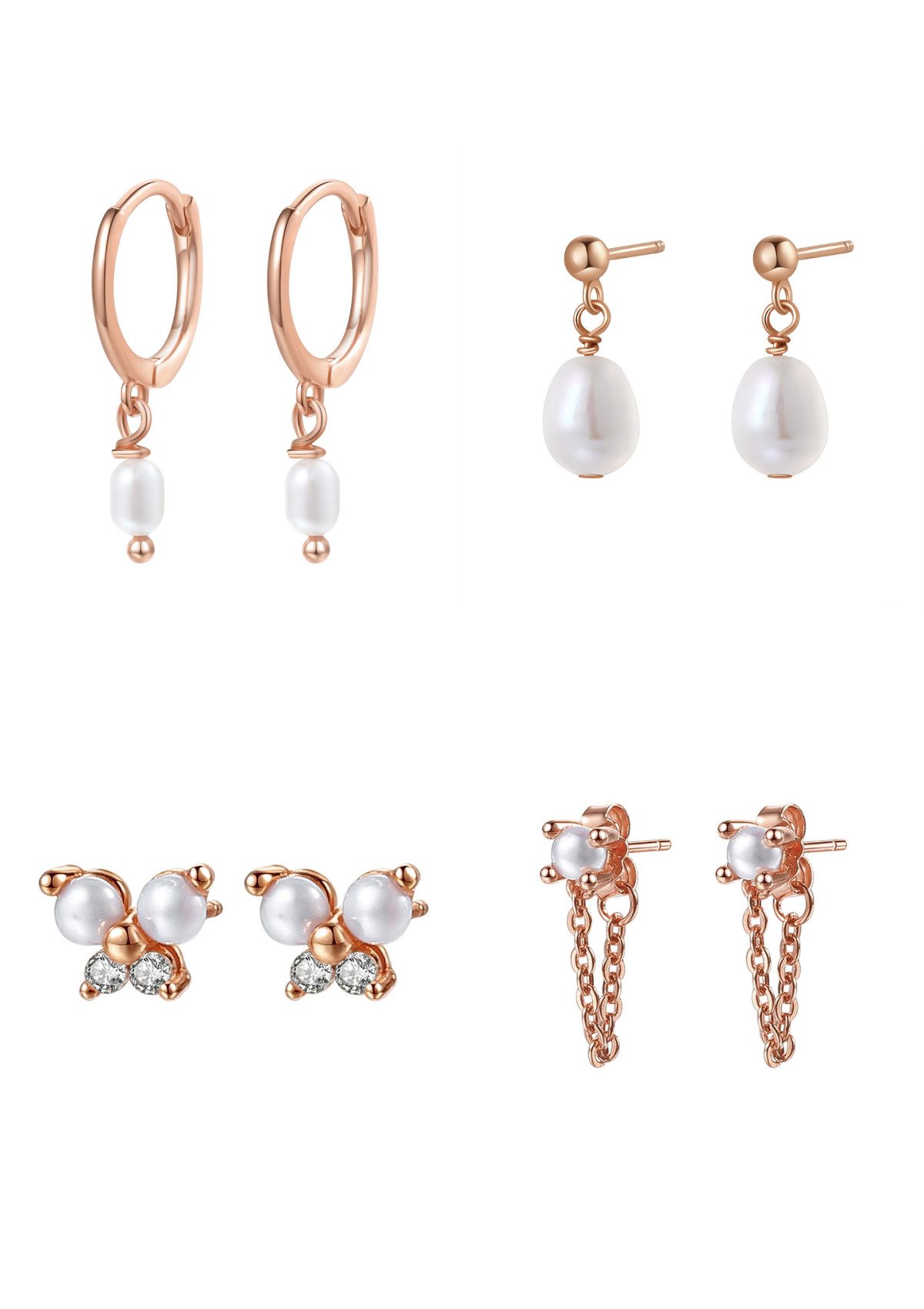 Hey Happiness Ohrring-Set Perlen Ohrstecker und Creolen, Layer Stapelbare Ohrringe, 8er Set 925 Silber Damenohrringe Süßwasserperle, 18K vergoldet