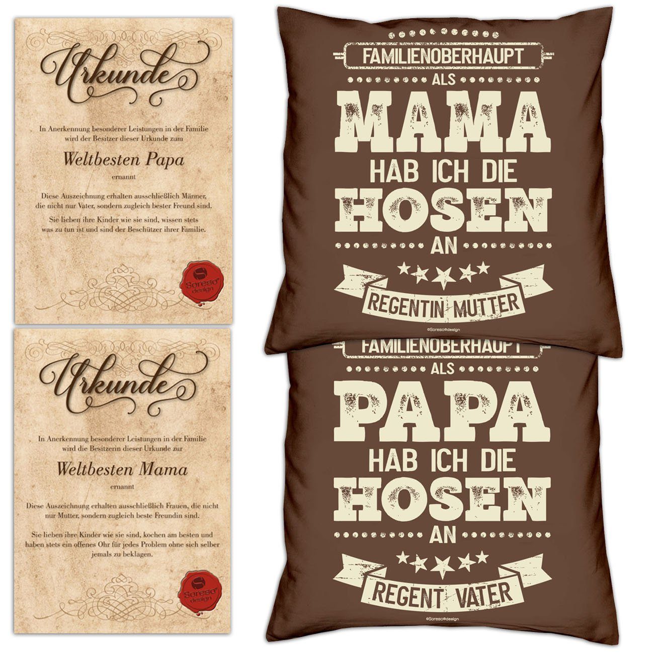 Soreso® Dekokissen Kissen-Set Als Papa hab ich die Hosen an Als Mama hab ich die Hosen an mit Urkunden, Weihnachtsgeschenk für Eltern braun | Dekokissen