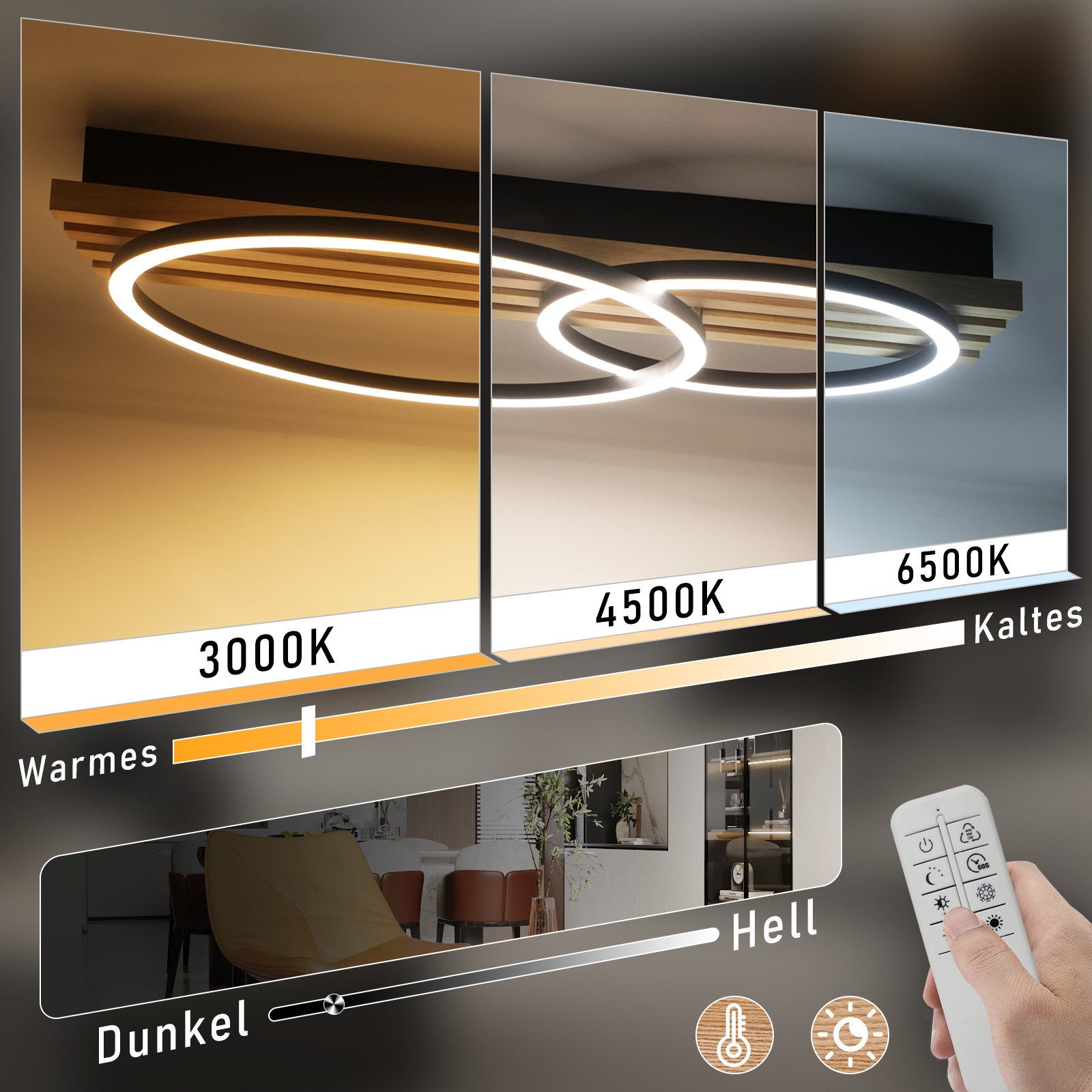 Nettlife LED Deckenleuchte Dimmbar Holz 3 Ringe 46W Modern Deckenlampe 70cm günstig online kaufen