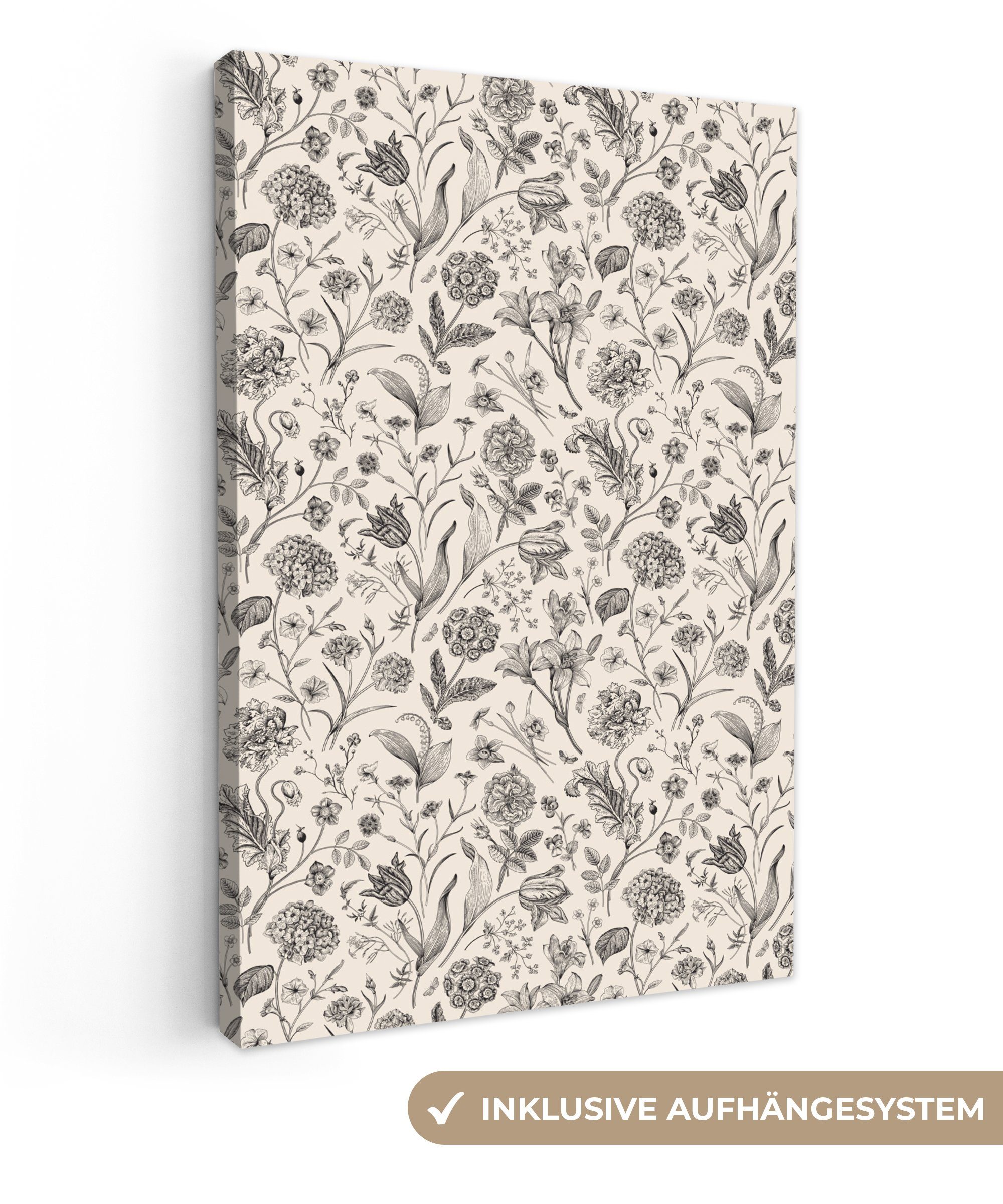 OneMillionCanvasses® Leinwandbild Blumen - Muster - Grau, (1 St), Leinwandbild fertig bespannt inkl. Zackenaufhänger, Gemälde, 20x30 cm