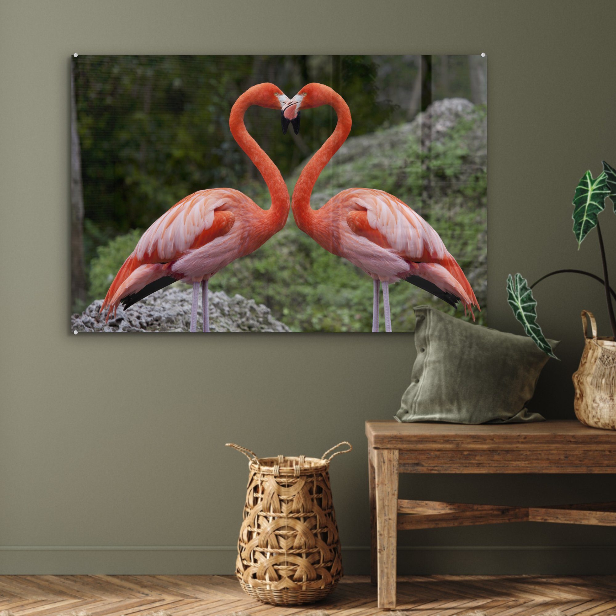 mit St), Flamingos Schlafzimmer Zwei Herz, & Hälsen (1 ein bilden Acrylglasbild Acrylglasbilder MuchoWow ihren Wohnzimmer