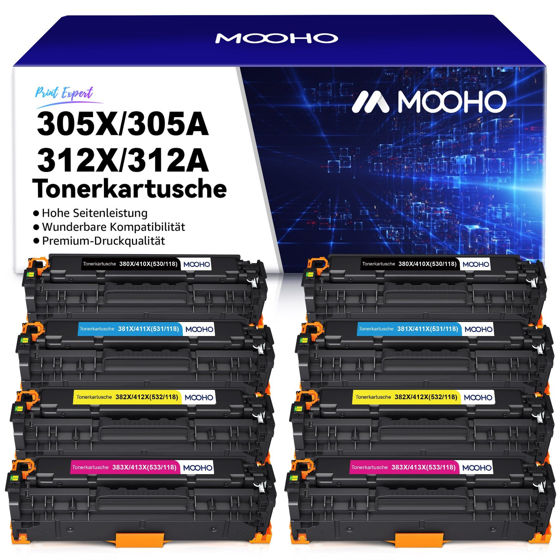 MOOHO Tonerpatrone Für für HP 305A CE410A 305X CE410X 8-St MFP M351a, (8-St)