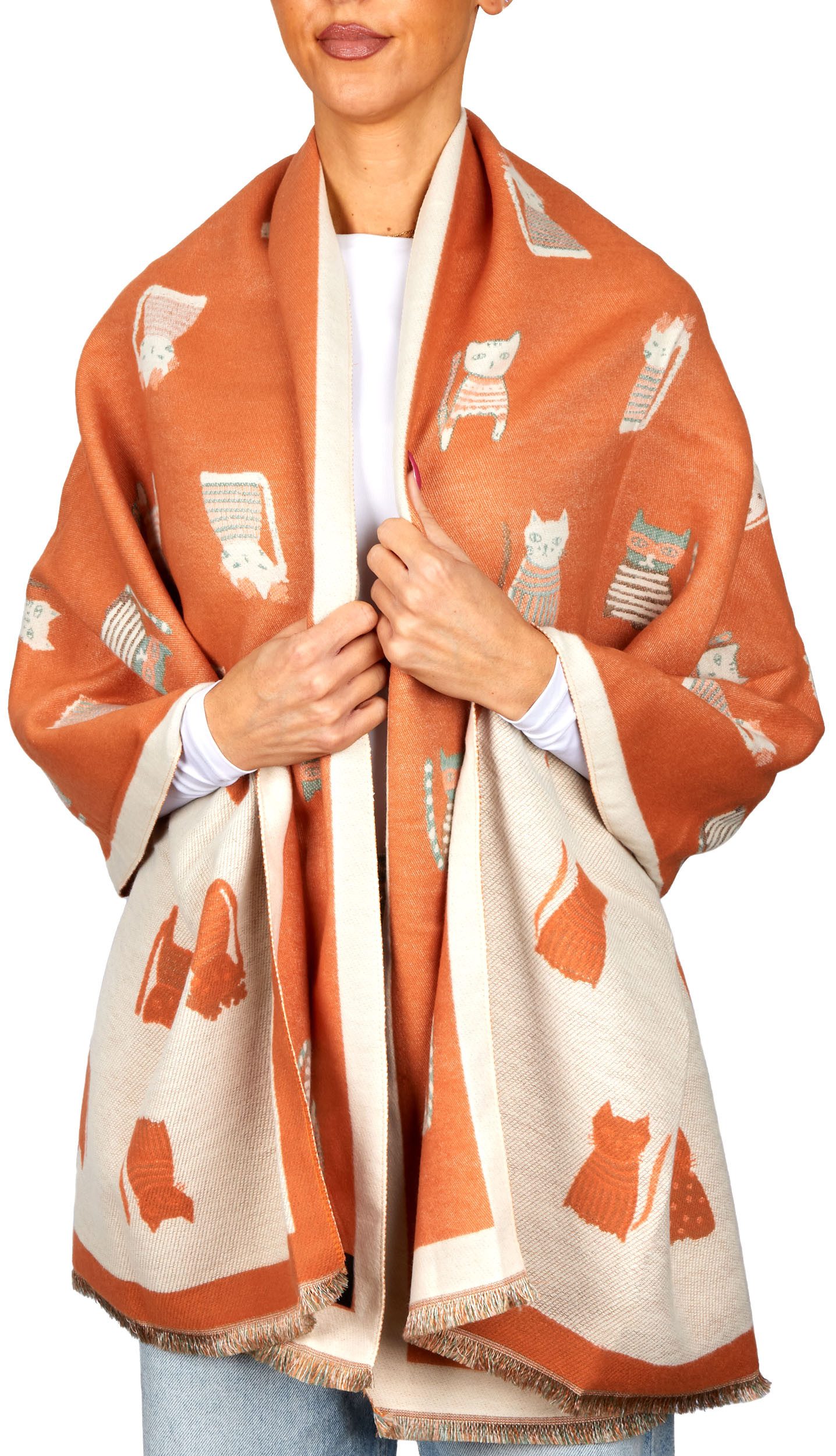 BRUBAKER Schal Cashmirillo Damen Schal mit Katzen Muster - 70 x 200 cm, (Herbstschal Winterschal, 1-St. Weiches Kaschmir-Gefühl), Warm, Kuschelig und Oversized - Damenschal für Herbst und Winter