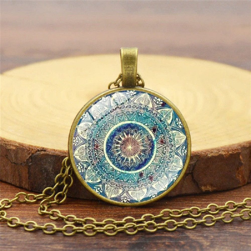 RAIKOU Ohrring und Ketten Set Mandala rund, Boho Vintage Ohrringe/ Kette mit Mandala Muster, Glas Cabochon Ohrhänger 2,8 cm – Bild 2 von 3