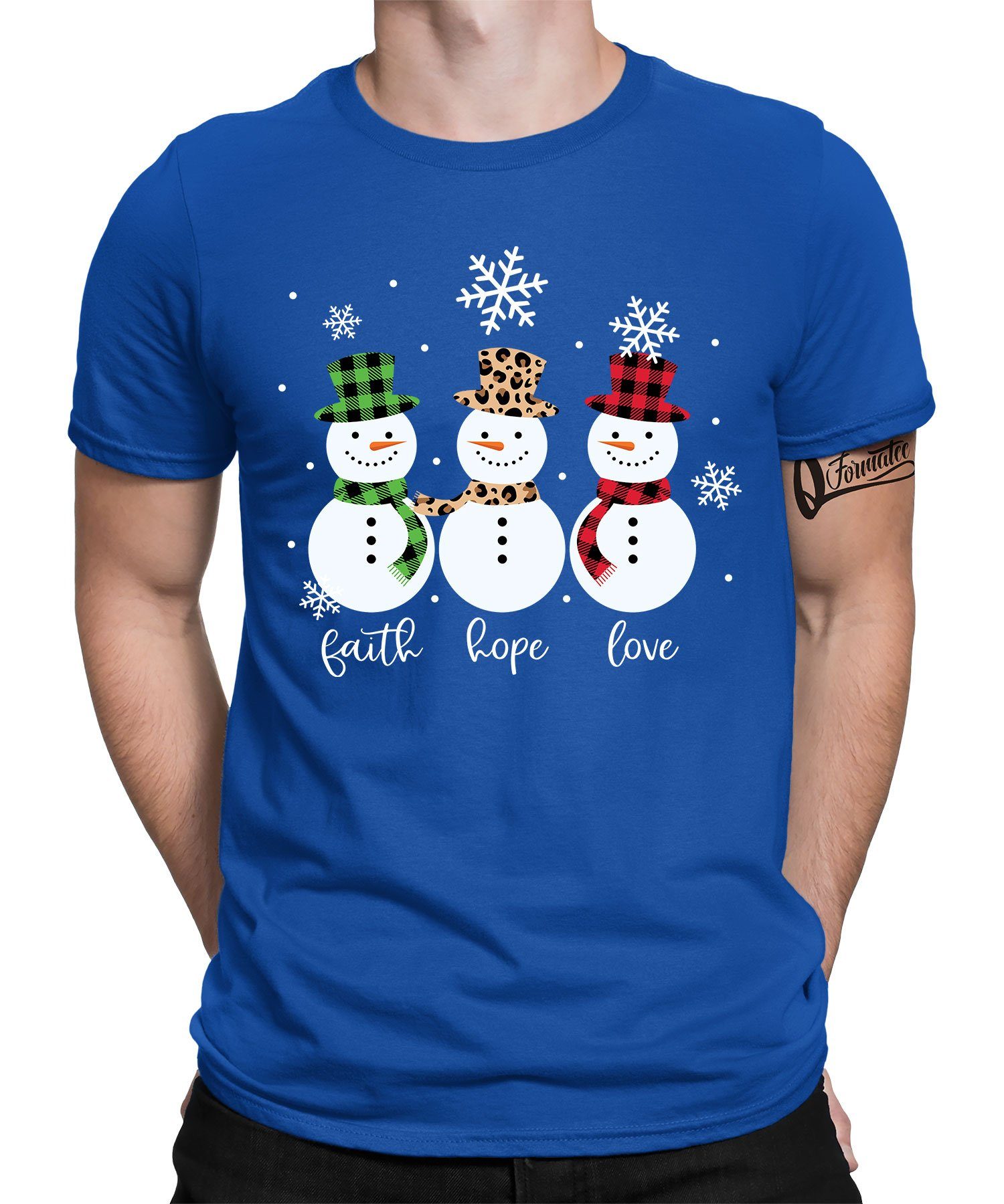 (1-tlg) Schneemann Blau Formatee X-mas Kurzarmshirt - Quattro T-Shirt Weihnachten Herren Weihnachtsgeschenk
