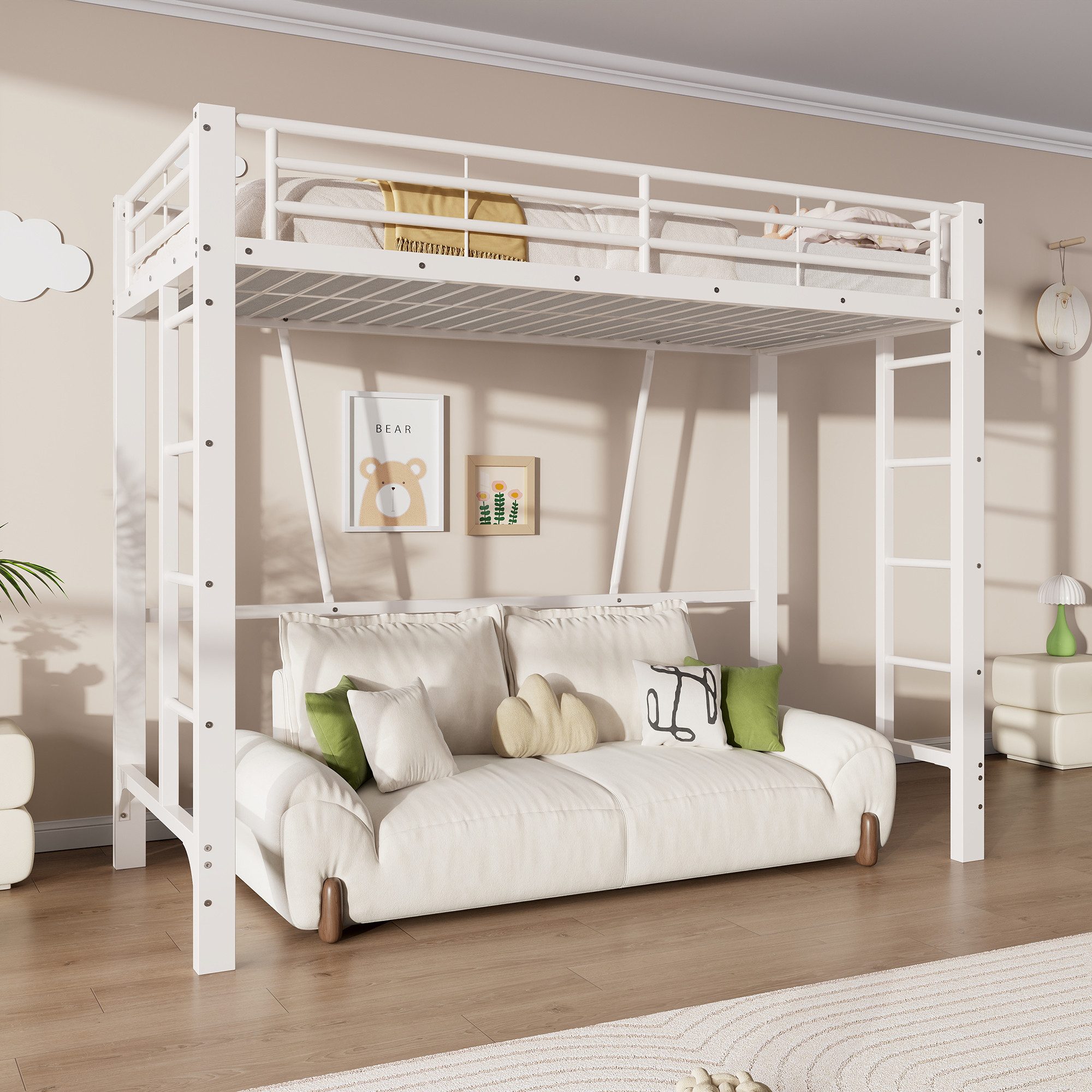 Merax Hochbett mit Doppelleiter, Geländer und offenem Stauraum unter dem Bett (1-St) Metallbett 90x200cm Kinderbett Jugendbett Einzelbett