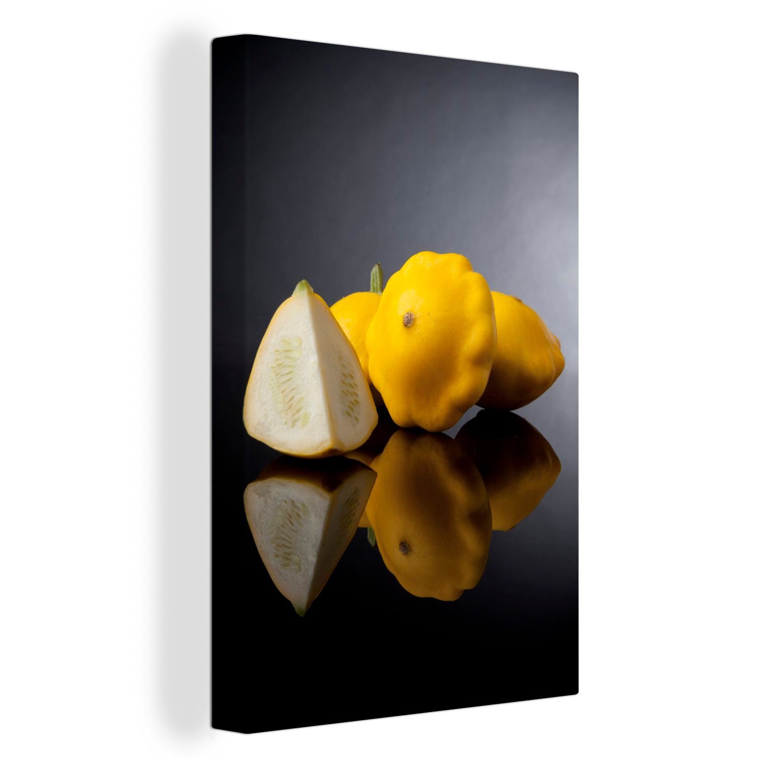OneMillionCanvasses® Leinwandbild Drei gelbe Patissons und ein Ausschnitt aus einem Patisson auf, (1 St), Leinwandbild fertig bespannt inkl. Zackenaufhänger, Gemälde, 20x30 cm