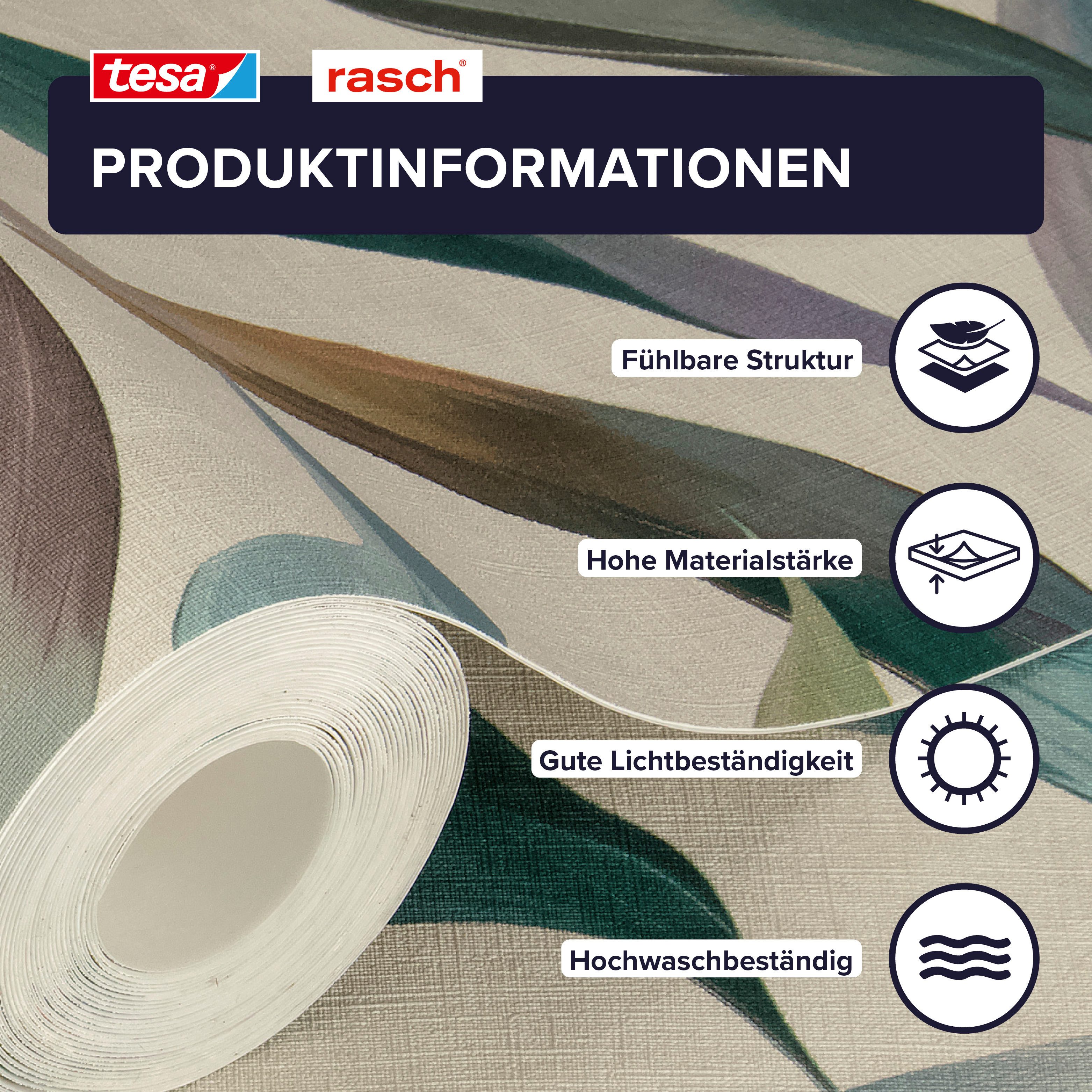 Rasch Vliestapete Fiesta - Selbstklebende Tapete Blätter von tesa® x rasch®, strukturiert, botanisch, floral, (1 St), selbstklebend, 6,00m x 0,53m