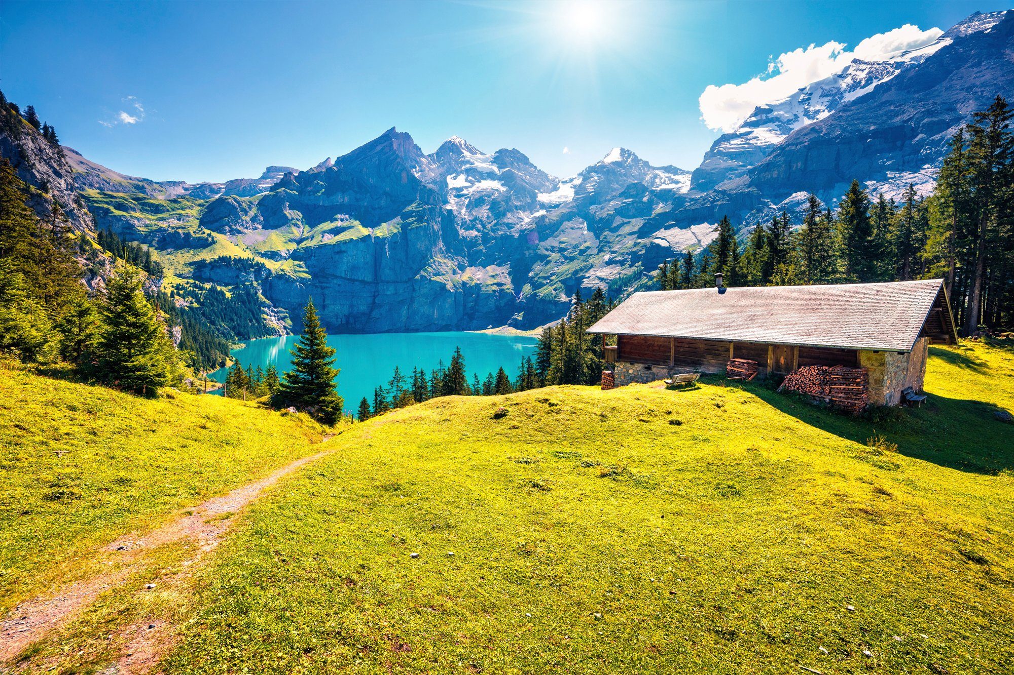 Papermoon Fototapete ALPEN-SEE UND WIESE-SCHWEIZ günstig online kaufen