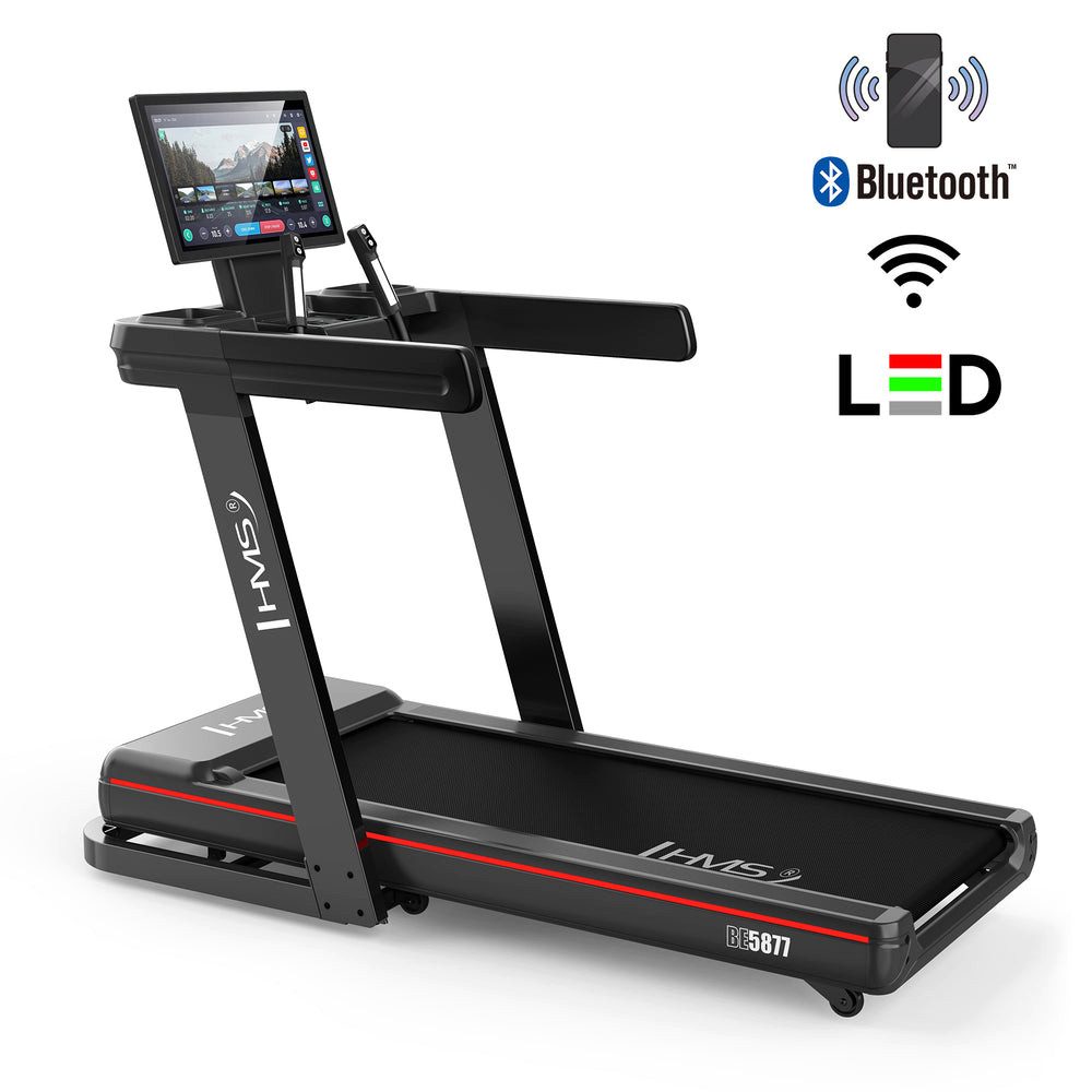 HMS Laufband BE5877 Elektrisches Laufband Fitnessgerät (Spar-Set, 15 Steigungsstufen), Android-System mit WLAN und Apps wie YouTube, Netflix und Spotify