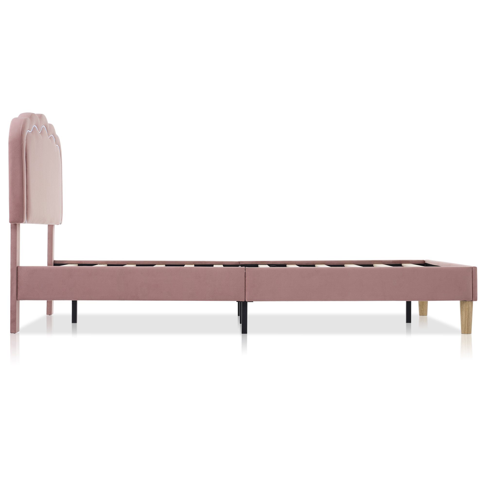 Polsterbett (Einzelbett, LED Jugendbett), mit Lattenrost und Verstellbares Kopfteil in Puff-Form, 90x200cm, Samt