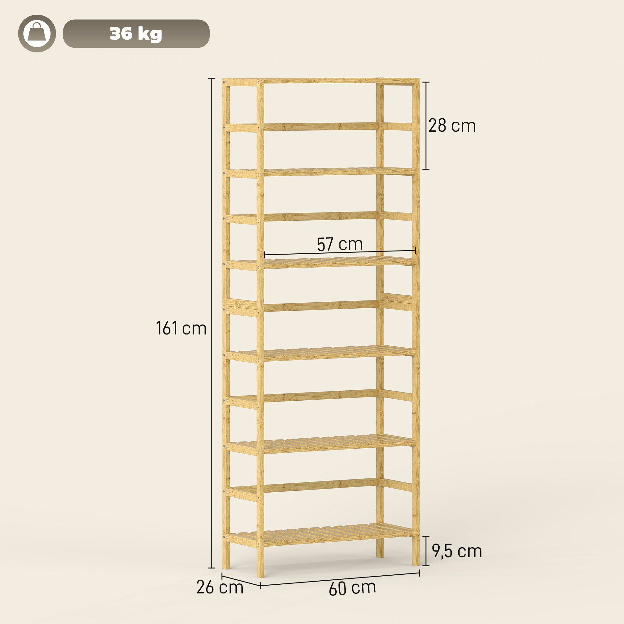 HOMCOM Standregal Badregal Bambus Küchenregal, für Bad, Wohnzimmer, 60 x 26 x 161 cm, 6-stöckiges Bücherregal 1-tlg., höhenverstellbare Regalböden, Naturholz