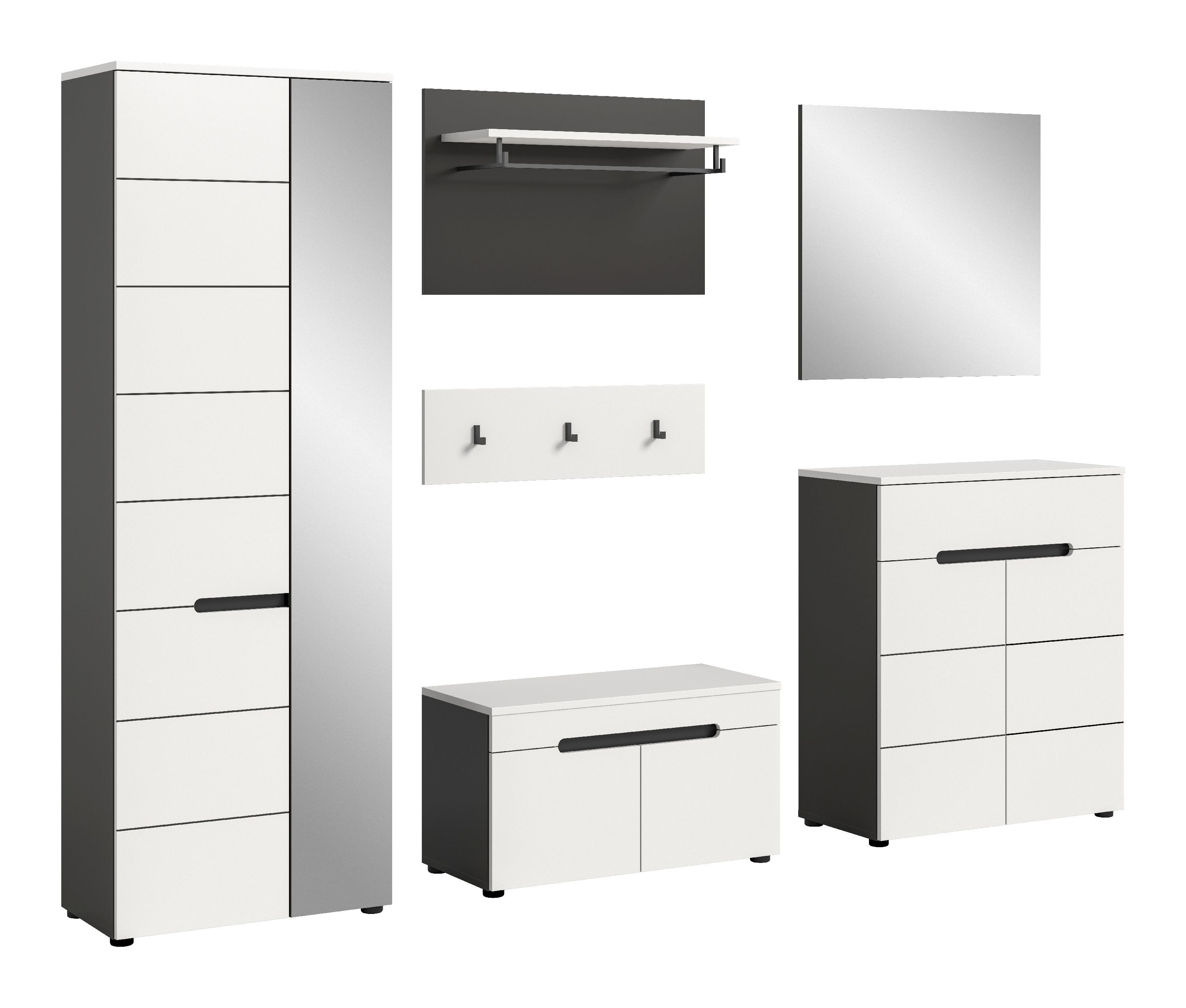 xonox.home Garderoben-Set Canu, (5tlg. Set inkl. Garderobenschrank, Sitzbank, Paneel, Schuhkommode), Basalt grau Nachbildung Melamin beschichtet modern 255x190x37 cm