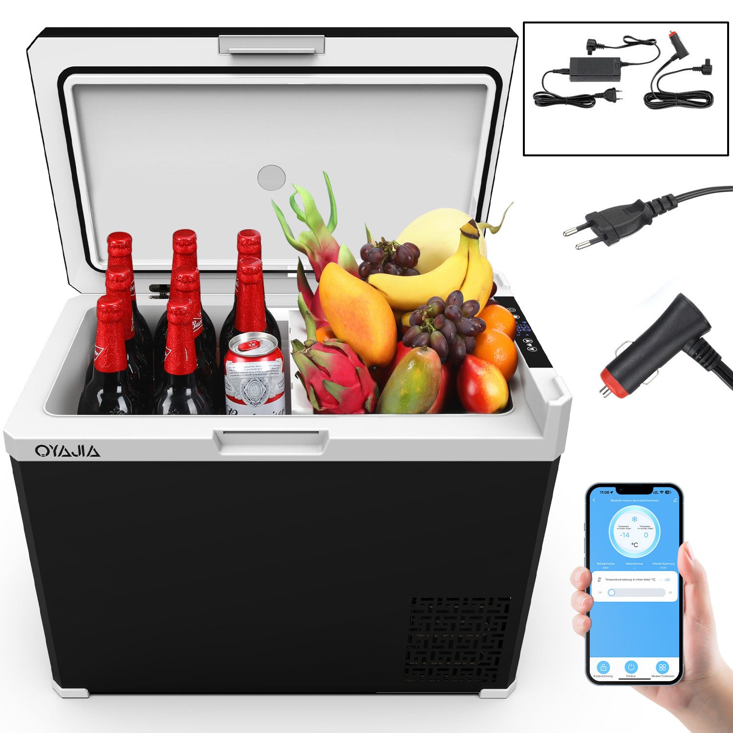 oyajia Kühlbox Kompressor Kühlbox, 2in1 Doppelzone Kühlbox Auto mit APP, 12/24V 230V, 40 l, Kühlbox Elektrisch, bis -20 °C für Auto, Lkw, Boot, Wohnwagen, Camping