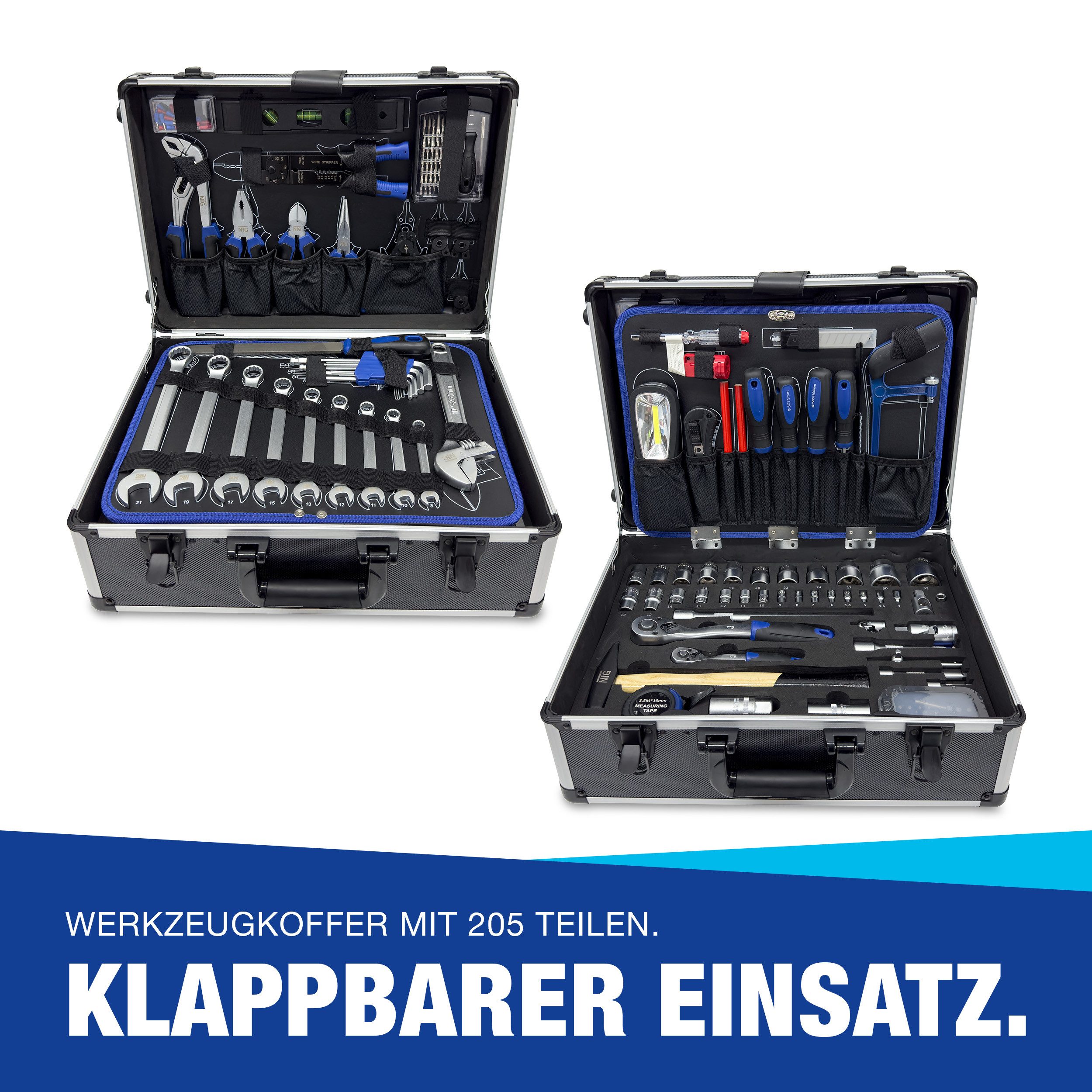 NTG Nutzfahrzeug Technik GmbH Werkzeugkoffer Werkzeugtrolley gefüllt mit Werkzeug 205 Teile Mit Rollen Werkzeugset