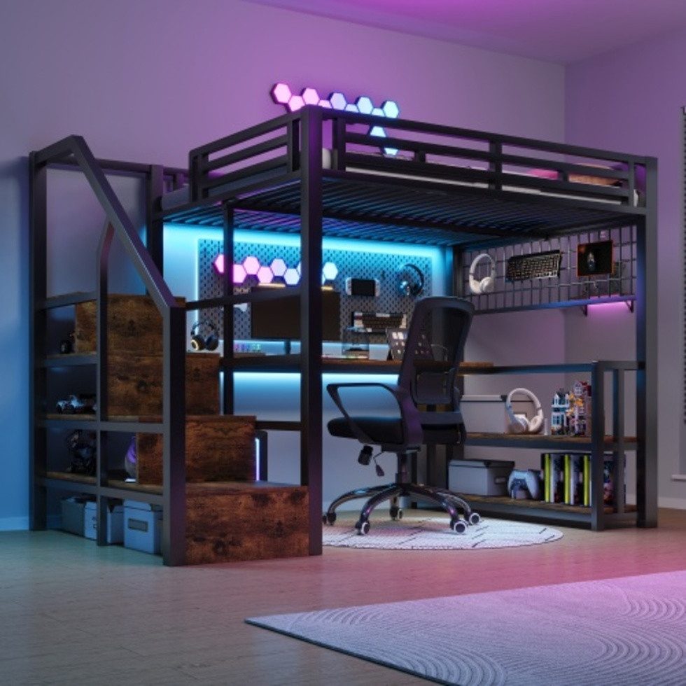Ulife Hochbett 140 x 200 cm, Eisenrahmen, Lagerregal, Hängendes Gitter (3-St) LED-Lichtleiste, Schreibtisch, Treppenkonstruktionen mit Stauraum