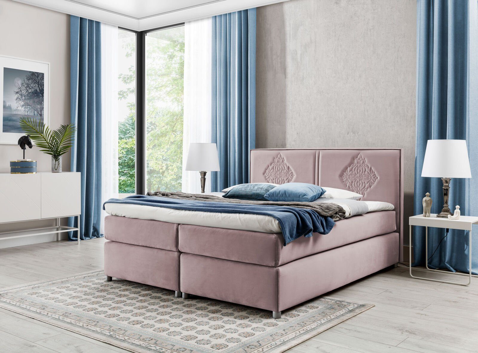 JVmoebel Bett, Boxspring Bett Polster Doppel Hotel Schlafzimmer Rosa Design Luxus Betten