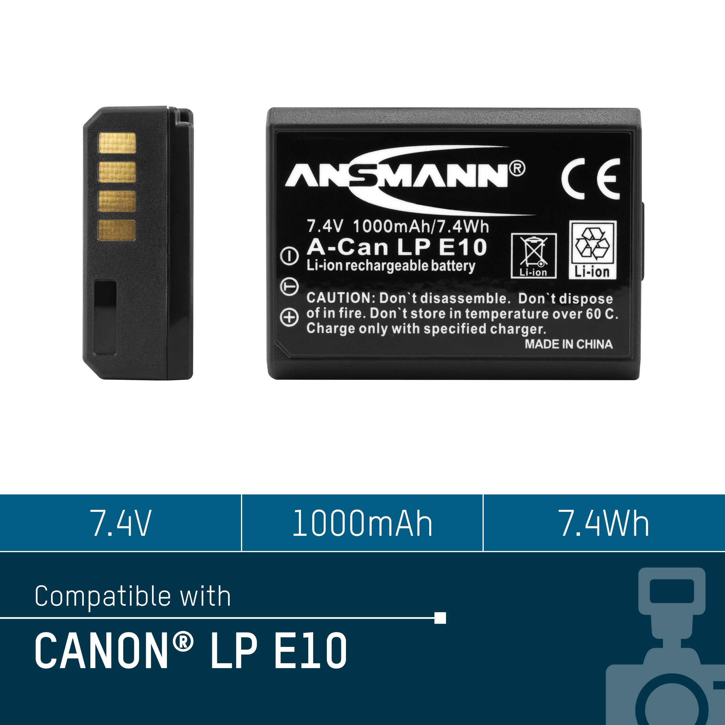 ANSMANN AG Li-Ion Akku A-Can LP E10 7,4V Typ 1000mAh, Leistungsstarke Batterie Akku 1000 mAh (7.4 V)