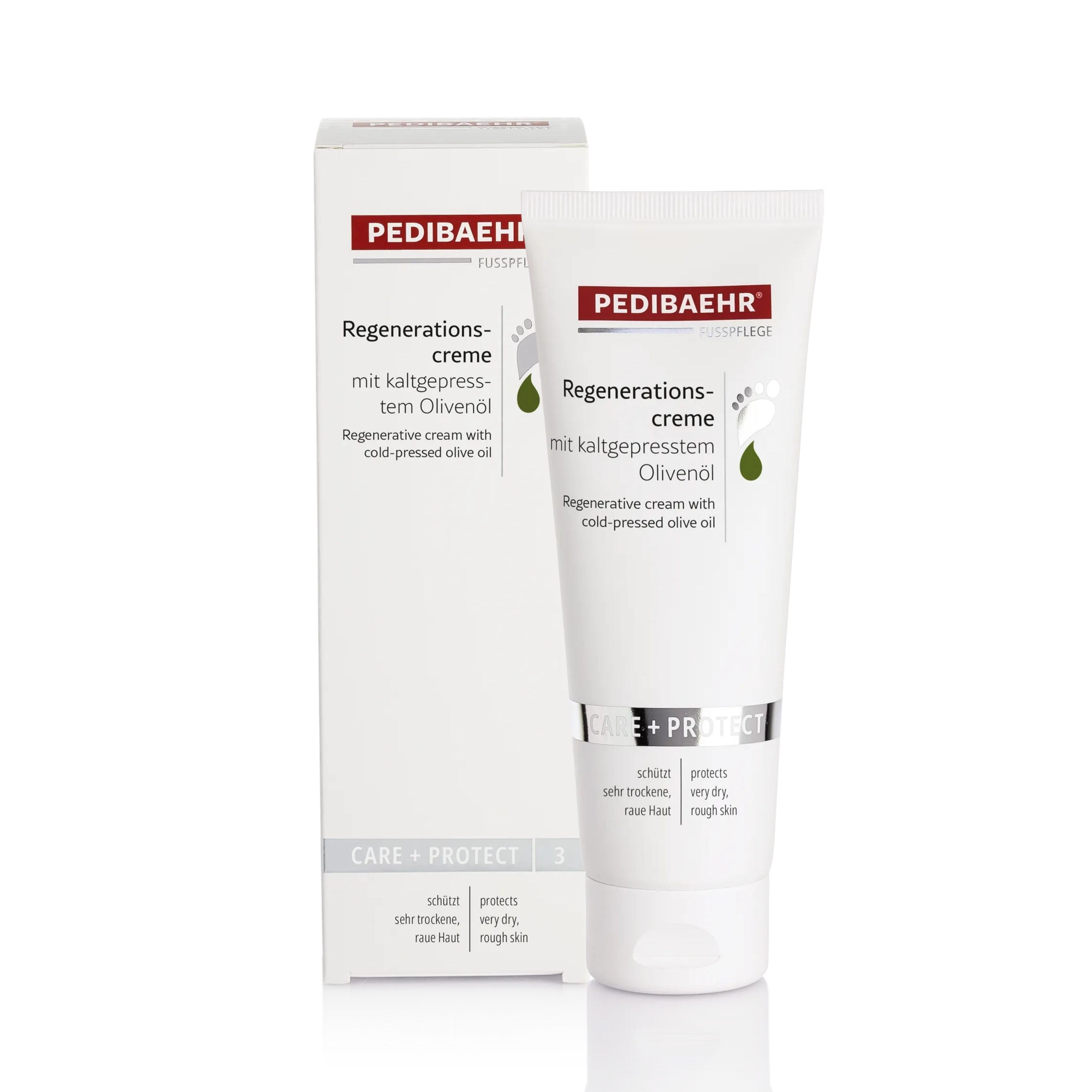 Pedibaehr Fußcreme Pedibaehr Regenerationscreme mit Olivenöl 125ml auch für sensible Haut geeignet, 1-tlg., Tiefenpflege aus Panthenol, Sheabutter & kaltgepresstem Olivenöl