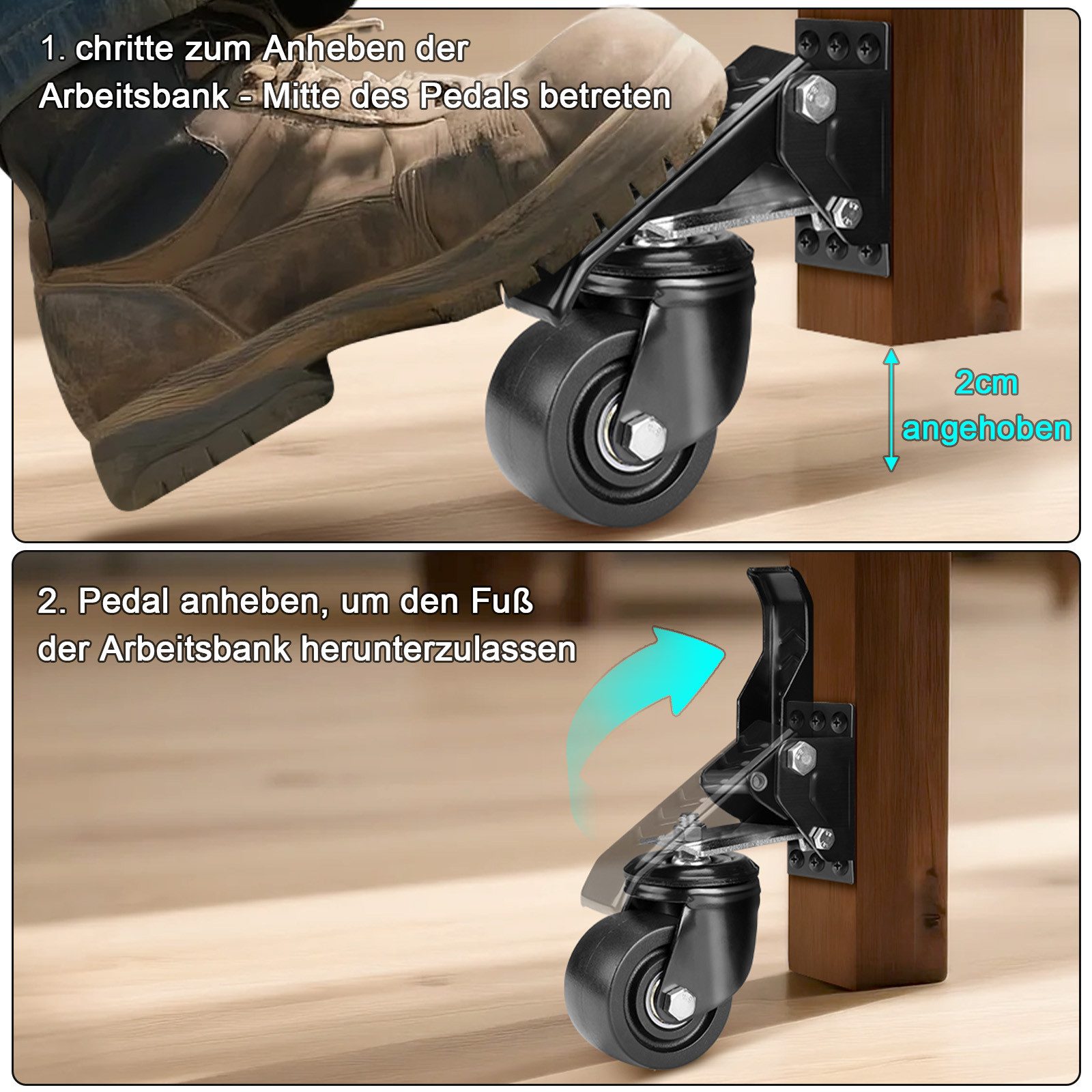 XERSEK Lenkrolle 4X 75mm Schwerlastrolle Transportrollen Absenkbar für Werkbank, (Absenkbar Lenkrollen Heberollen Industrierollen, bis 250 kg, für Werkbänke oder andere Geräte, Schwarz)
