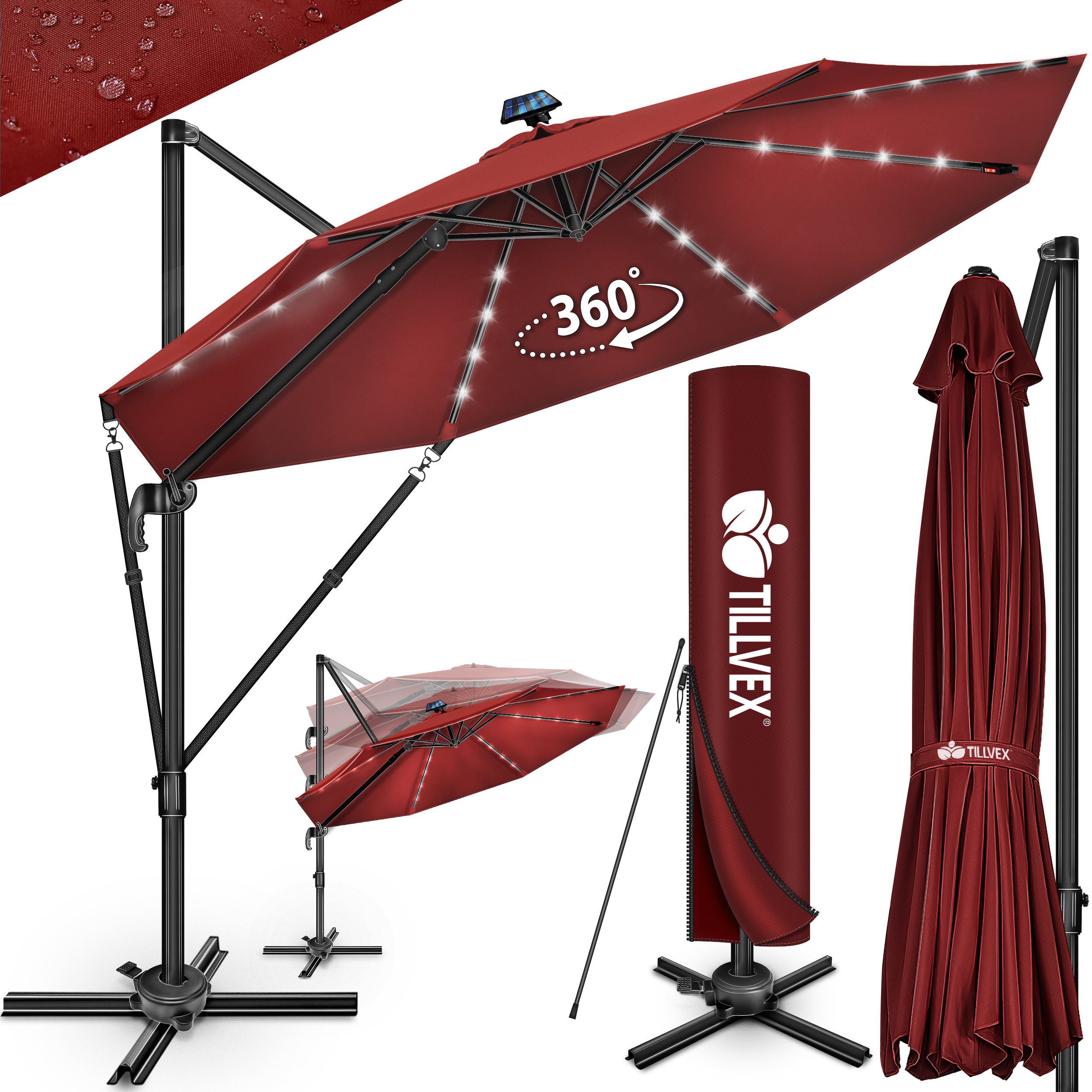 tillvex Sonnenschirm tillvex® LED Premium Alu Sonnenschirm 330 cm + Abdeckung & Windsicheru, Premium-Series, inkl. Regenabdeckung, Ampelschirm 6-fach Verstellbar mit Kurbel