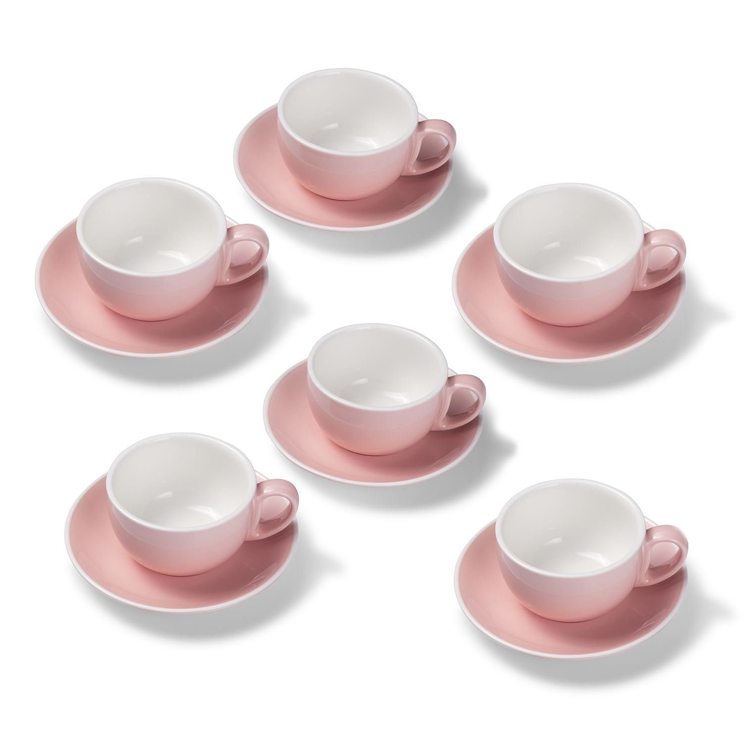 Tasse 6er Milchkaffeetassen-Set, Rosa glossy 350 ml mit Untertasse, Porzellan, spülmaschinenfest,extra dickwandig