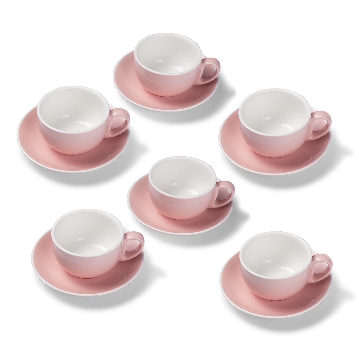 Terra Home Tasse 6er Milchkaffeetassen-Set, Rosa glossy 350 ml mit Untertasse, Porzellan, spülmaschinenfest,extra dickwandig