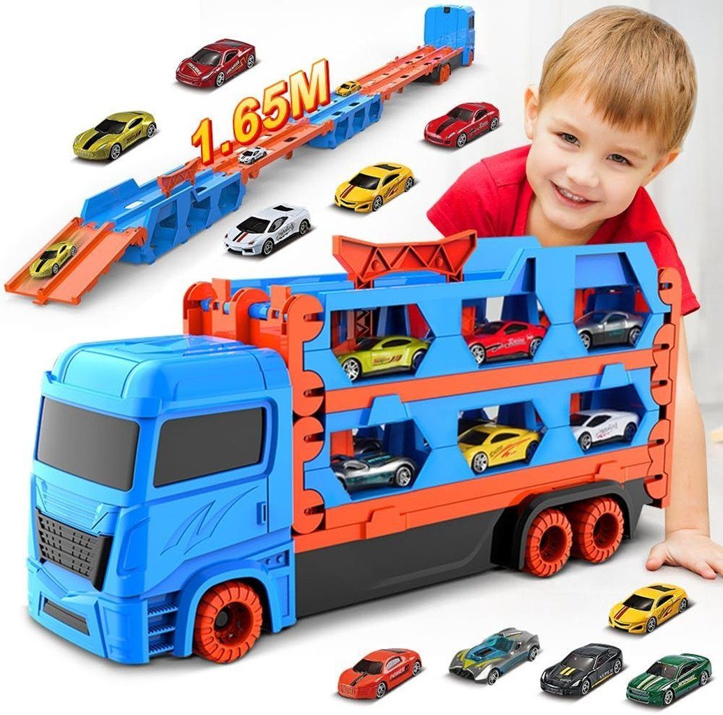autolock Rennbahn-Auto 2-in-1 Rennbahn-Transporter,Transport Truck,Spielzeugautos Set, inkl. 6 Spielzeugautos,tragbares Rennbahn,peferkt Geschenk