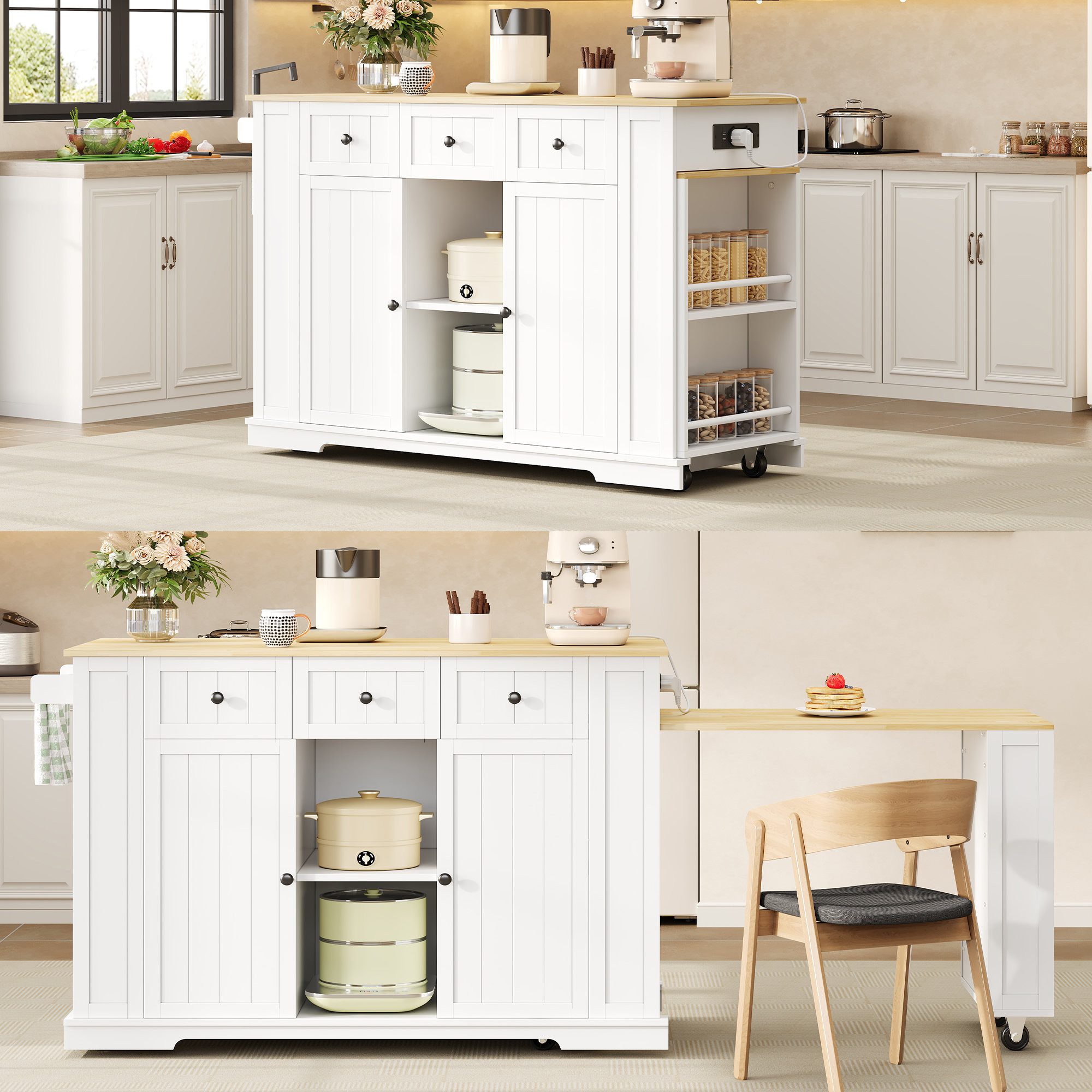 Odikalo Kücheninsel Küchenwagen Sideboard mit ausziehbarem Esstisch Ladeanschluss, (Mobiler Kücheninsel Küchenwagen mit ausziehbarem Esstisch einziehbarem Bartisch 7 Rädern Aufbewahrungshregalen verstellbaren Regalen 138 (213) x 55 x 93 cm)
