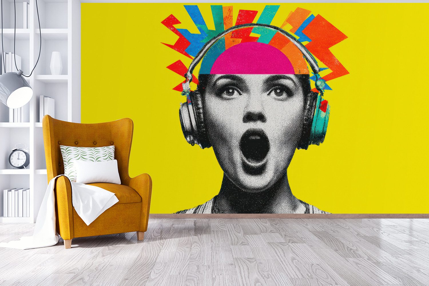 MuchoWow Fototapete Frau - Kopfhörer - Gelb, Matt, bedruckt, Vinyl Tapete für Wohnzimmer oder Schlafzimmer, Wandtapete, 435x260 cm