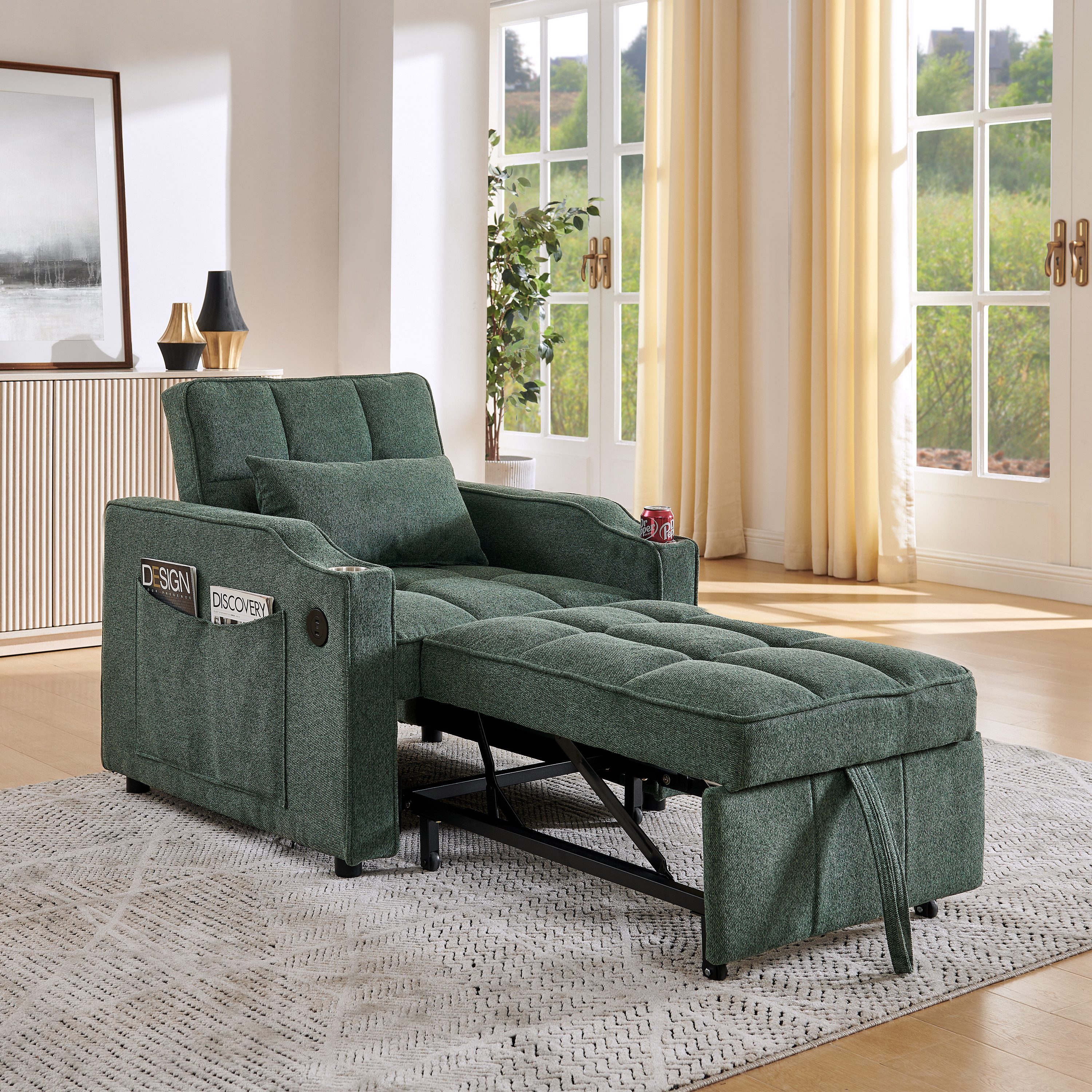 i@home Relaxsessel 1-Sitzer Sofa, faltbares Schlafsofa (platzsparend für Wohnzimmer und Schlafzimmer), USB/Type-C Anschluss, Schlafsofa (190cm) Edelstahl-Getränkehalter