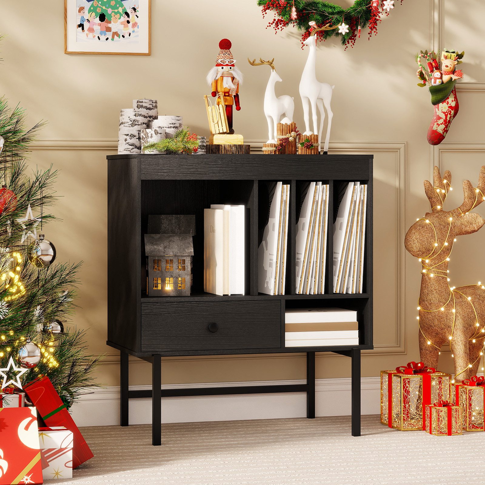 COSTWAY Sideboard, Plattenspieler-Ständer mit Fächern, Schublade 70x36x80cm günstig online kaufen