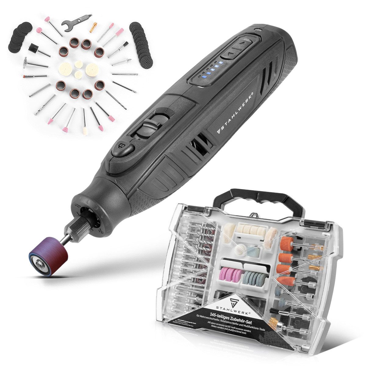 STAHLWERK Akku-Multischleifer Akku Mehrzweckschleifer AMF 80 ST mit 198 teiligem Zubehörset, max. 25000 U/min, (Packung, 1 tlg., mit 53-teiligem Zubehör), mit Ladekabel