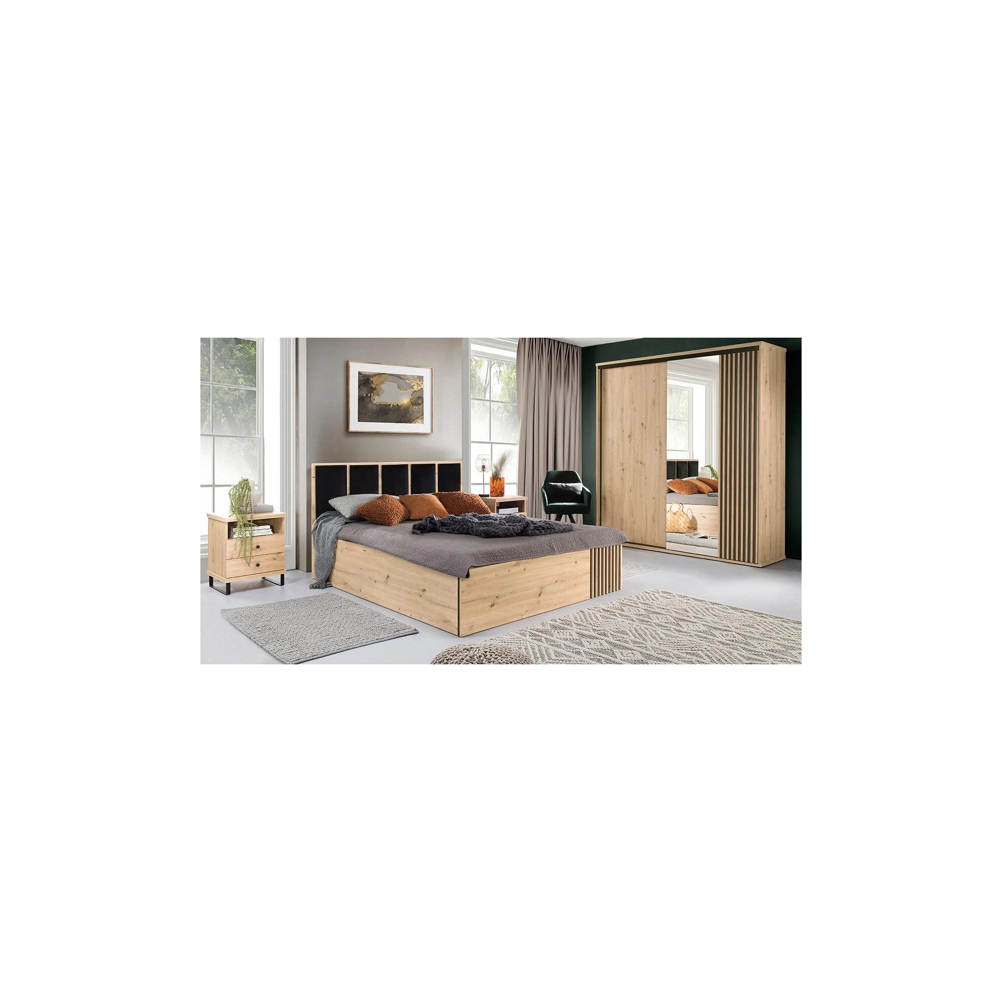 Raumhirsch Furniture Kleiderschrank Garderobenschrank, Schrank mit Spiegel, Schwebetürenschrank (Maße: 179 x 60,2 x 217 cm (2 Schwebetüren, Lamellenfront) Loft-Design, Artisan-Dekor, schwarze Akzente, Metallgriffe