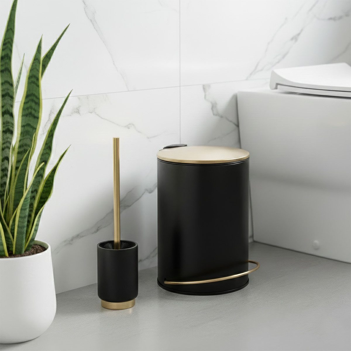 TENDANCE Kosmetikeimer Mülleimer gold 3L mit Pedal,Soft-Close, Arusha & WC Bürste im Set