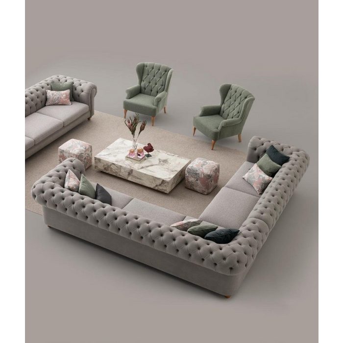 JVmoebel Sofa Chesterfield Design Grau Sofa Polster Textil Sofas Sofas 4-Sitzer 1 Teile AV10332