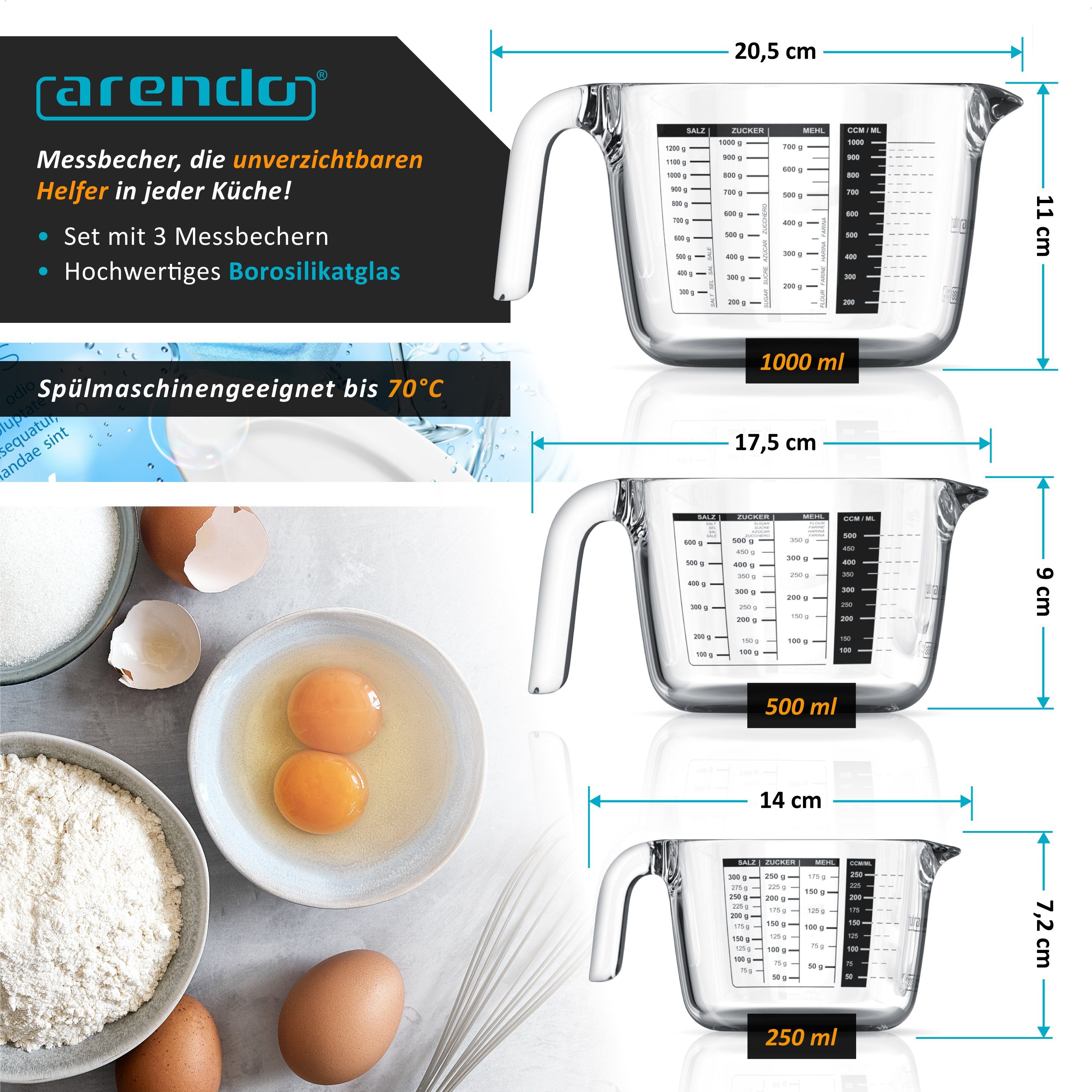 Arendo Messbecher 250 ml, 500 ml & 1000 ml Glas Messkrug Set, Borosilikatglas, Glas, (Set, 3-St), hitzebeständig, präzise Skala, Mikrowellen-geeignet, Küchenhelfer