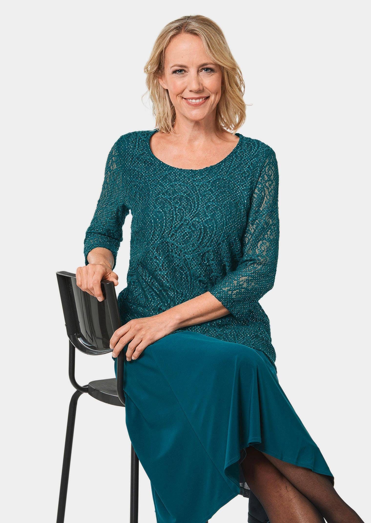 GOLDNER Klassische Bluse Kurzgröße: Elegantes Blusenshirt mit Glanzeffekt Viskosebluse mit Spitze, Rundhals und 3/4-Arm