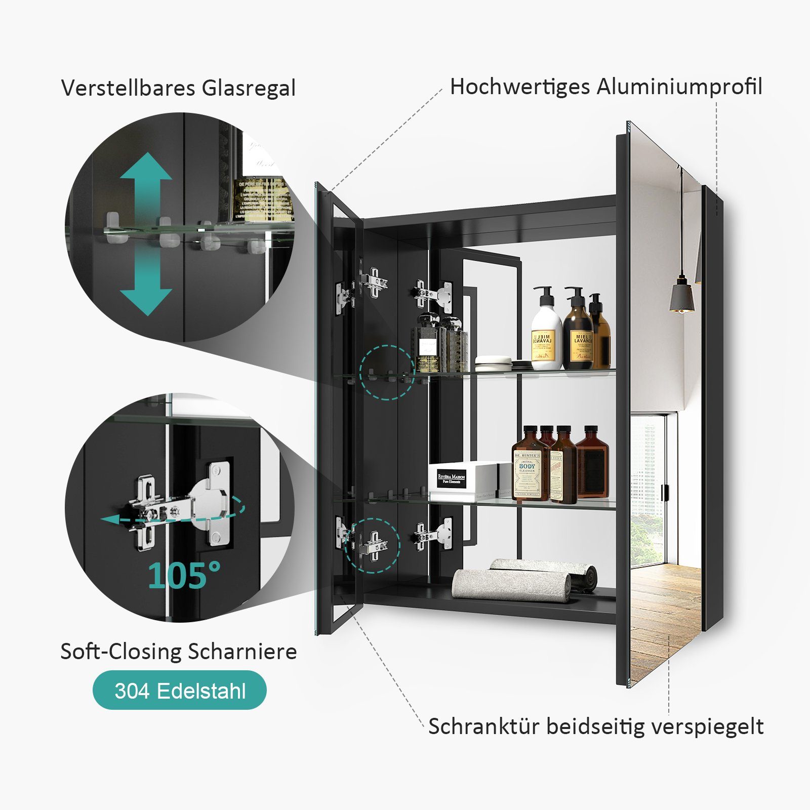 EMKE Spiegelschrank badspiegelschrank, 2-türig, ohne Beleuchtung, 60 × 65 cm Aluminiumkorpus, Innen-/Außenspiegel, Soft-Close, 2 Glasböden – Bild 3 von 5