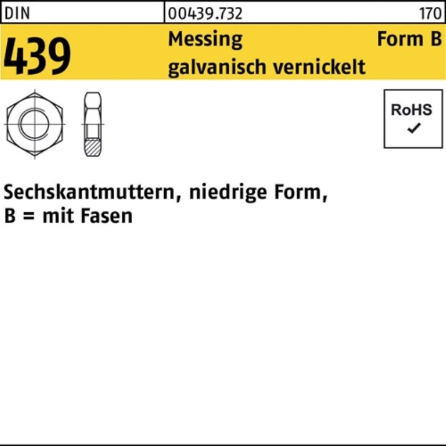 Reyher Muttern 100er Pack 004397320050000 Sechskantmutter DIN 439 Form B BM 5 Messing