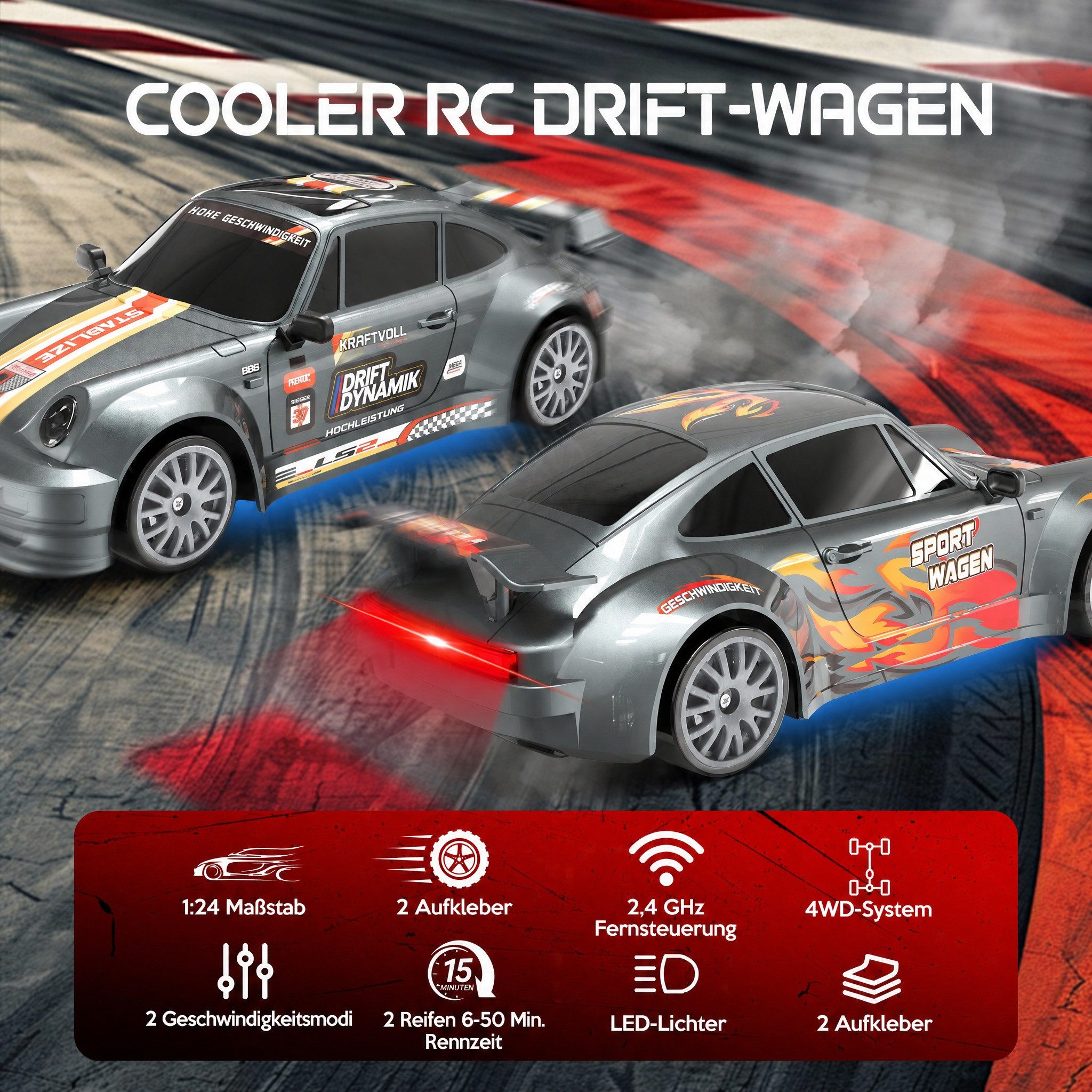 Wootoy RC-Auto RC Drift Car RC-Buggy Ferngesteuertes Auto mit LED-Frontscheinwerfer (2,4-GHz-Fernsteuerung mit mehreren Fahrzeugen gleichzeitig, 1-tlg., 2 Fahrmodi mit austauschbaren Drift- und Rennreifen), deal für Renn- und Driftfans ab 6 Jahren