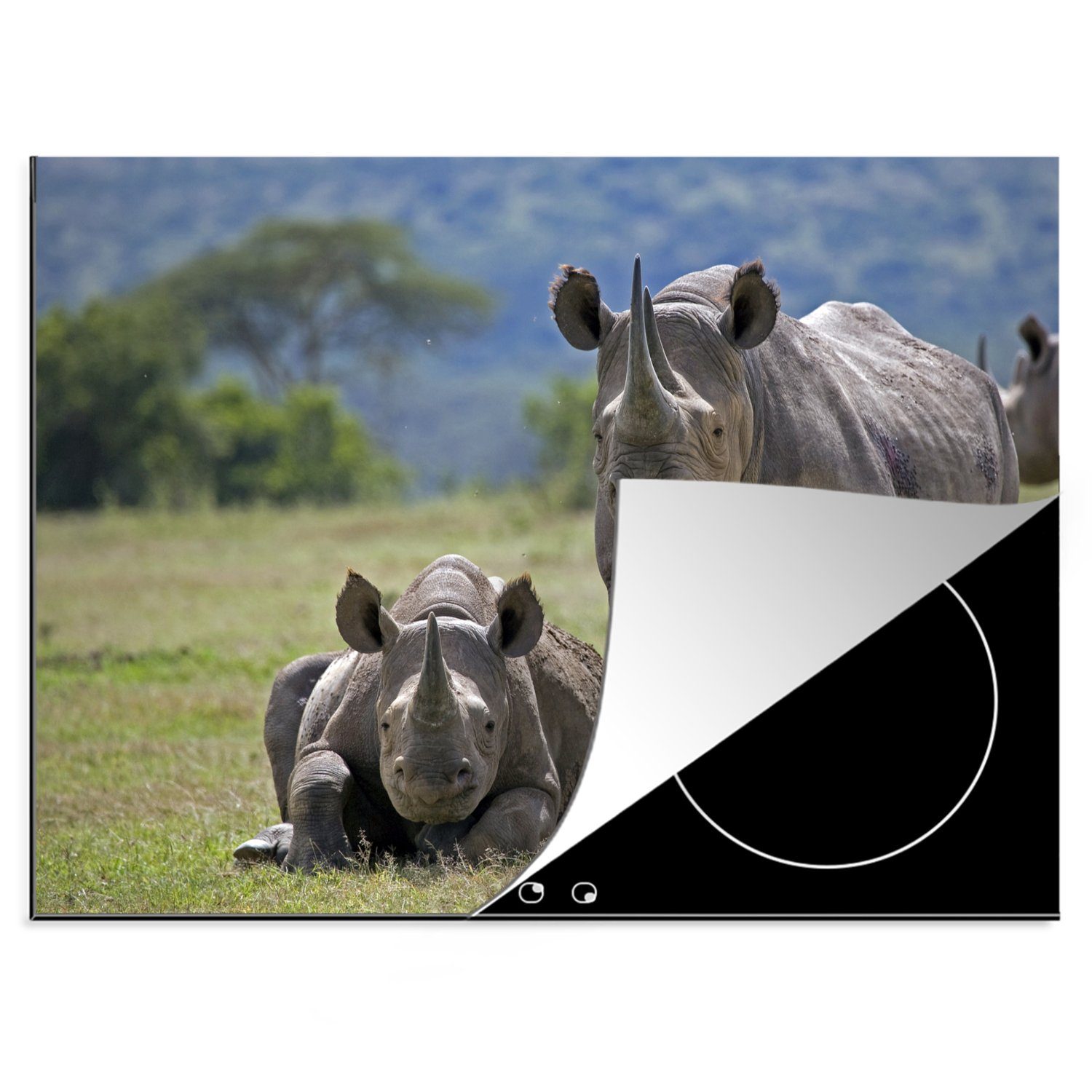 MuchoWow Herdblende-/Abdeckplatte Rhinozeros - Kalb - Gras, Vinyl, (1 tlg), 70x52 cm, Mobile Arbeitsfläche nutzbar, Ceranfeldabdeckung