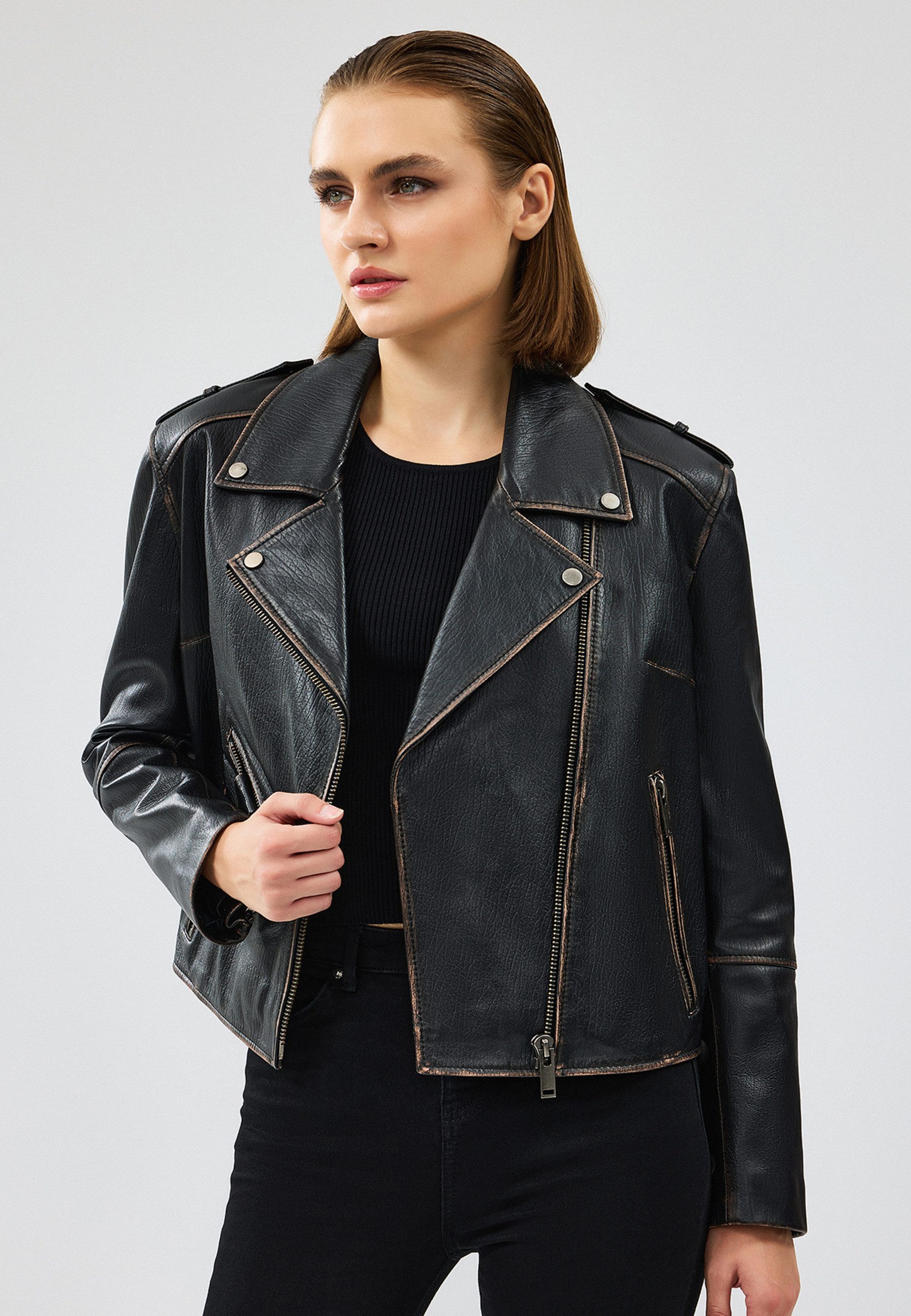 Derimod Lederjacke Oxford Biker-Lederjacke Regular Fit, Reißverschluss, Schalkragen, Kurz, Textilfutter