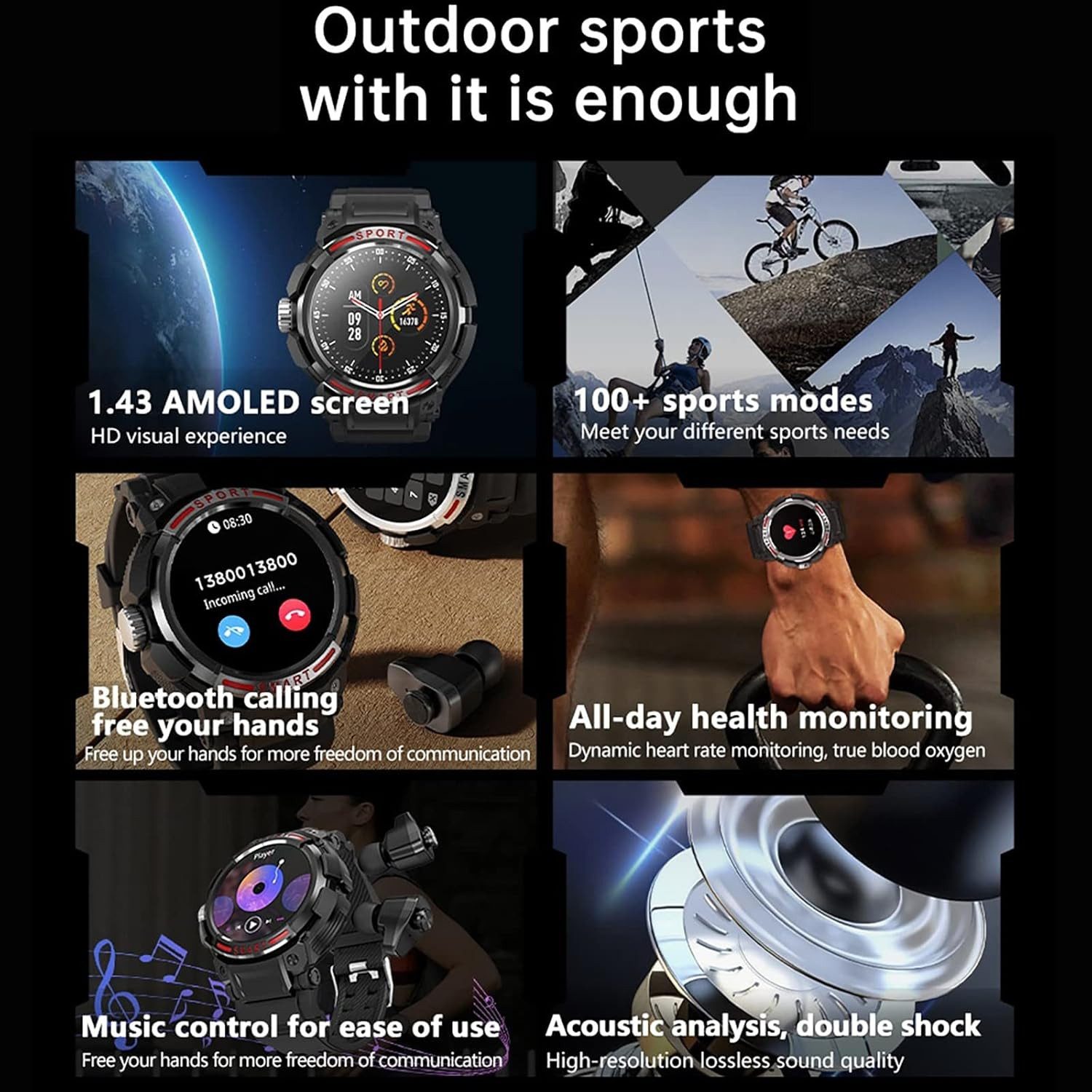 CISIYOO Smartwatch (3,8 cm, android ios), Smartwatch mit Bluetooth Kopfhörern Musikfunktion und 110 Sportmodi