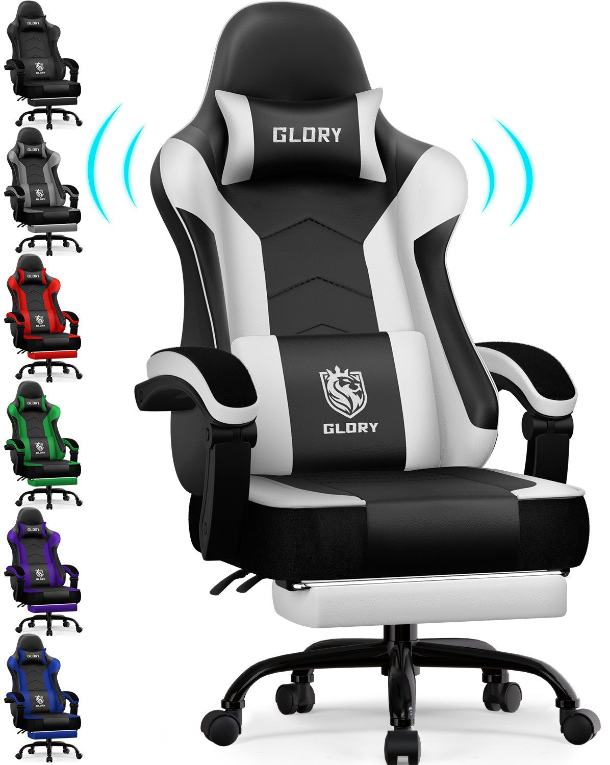 Hiazurm Gaming-Stuhl Gaming Stuhl, Bürostuhl Ergonomisch Wippfunktion bis zu 170° (Gaming Chair mit Fußstütze, 10 cm Höhenverstellung), Verstellbarem Lenden- & Kopfkissen, Gamer Stuhl 150kg Belastbarkeit