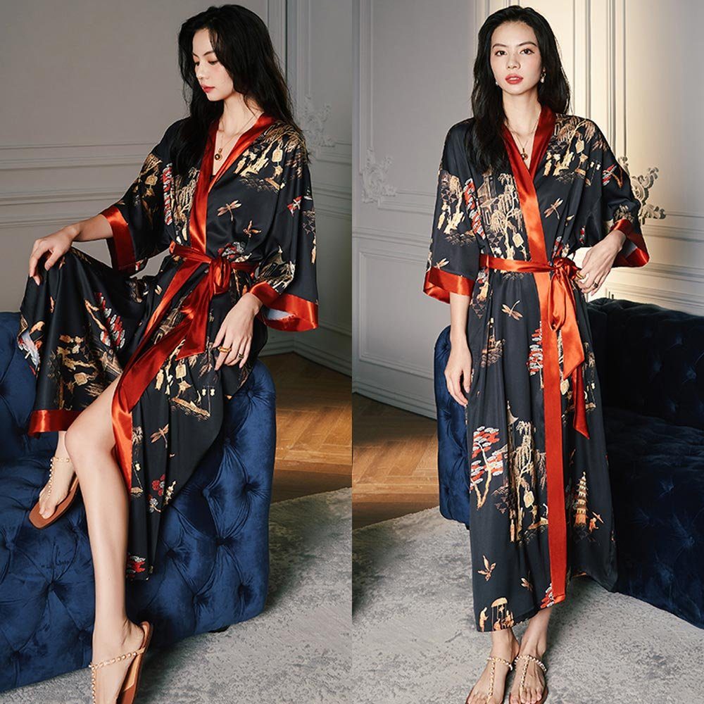 Vivi Idee Morgenmantel Bademantel Schlafmantel kimono lang leicht satin Sau günstig online kaufen