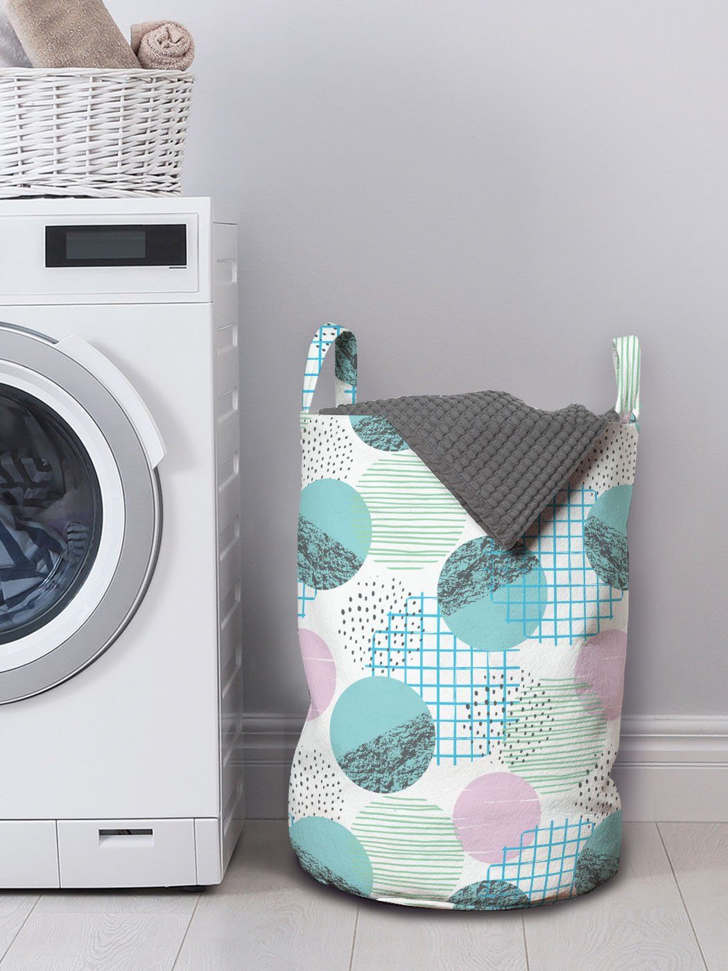 Abakuhaus Wäschesäckchen Wäschekorb mit Stripes Kordelzugverschluss Griffen Waschsalons, Squares Circles Geometrisch für