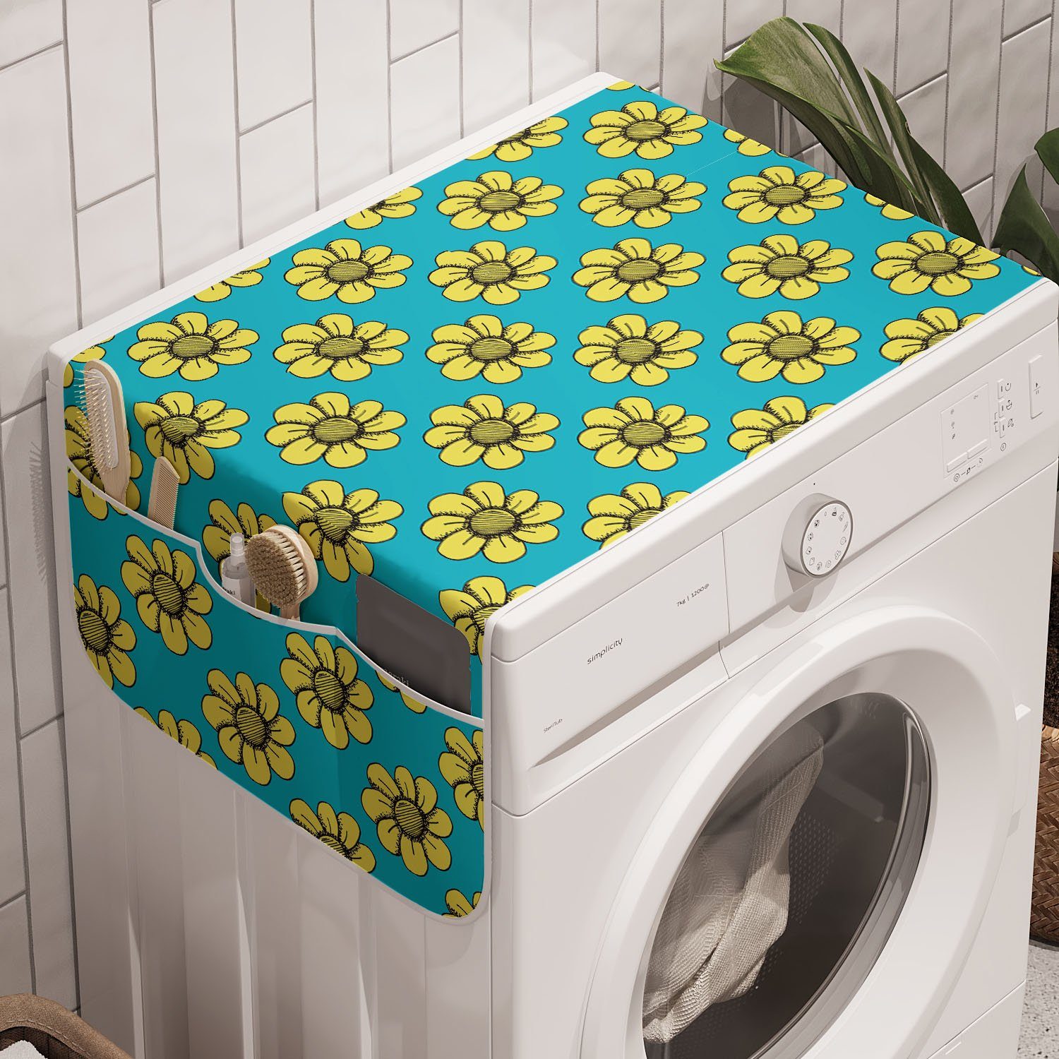 Abakuhaus Badorganizer Anti-Rutsch-Stoffabdeckung für Waschmaschine und Trockner, Blumen Retro gelbe Gänseblümchen-Blumen